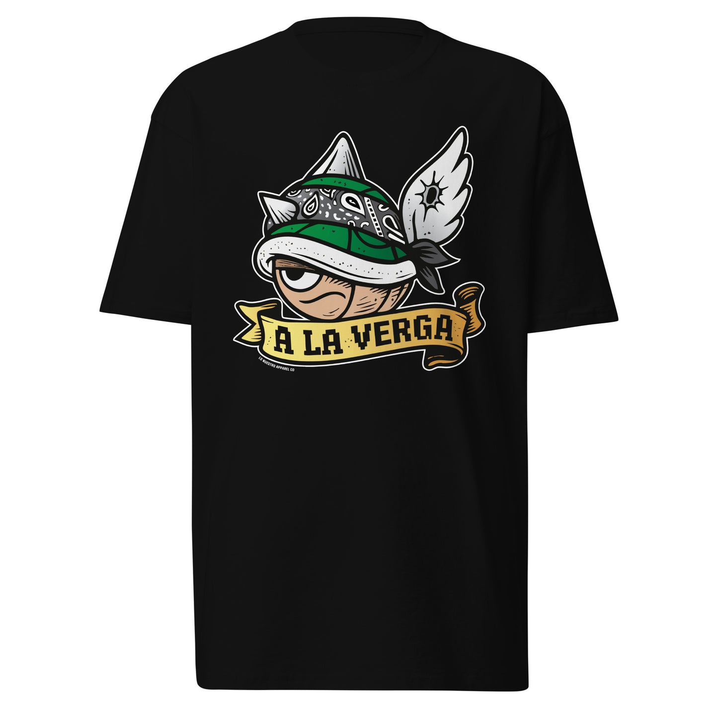 A La Verga t-shirt on white background featuring a green shell with a bandana and wings, designed for gamers with Latino street style humor.