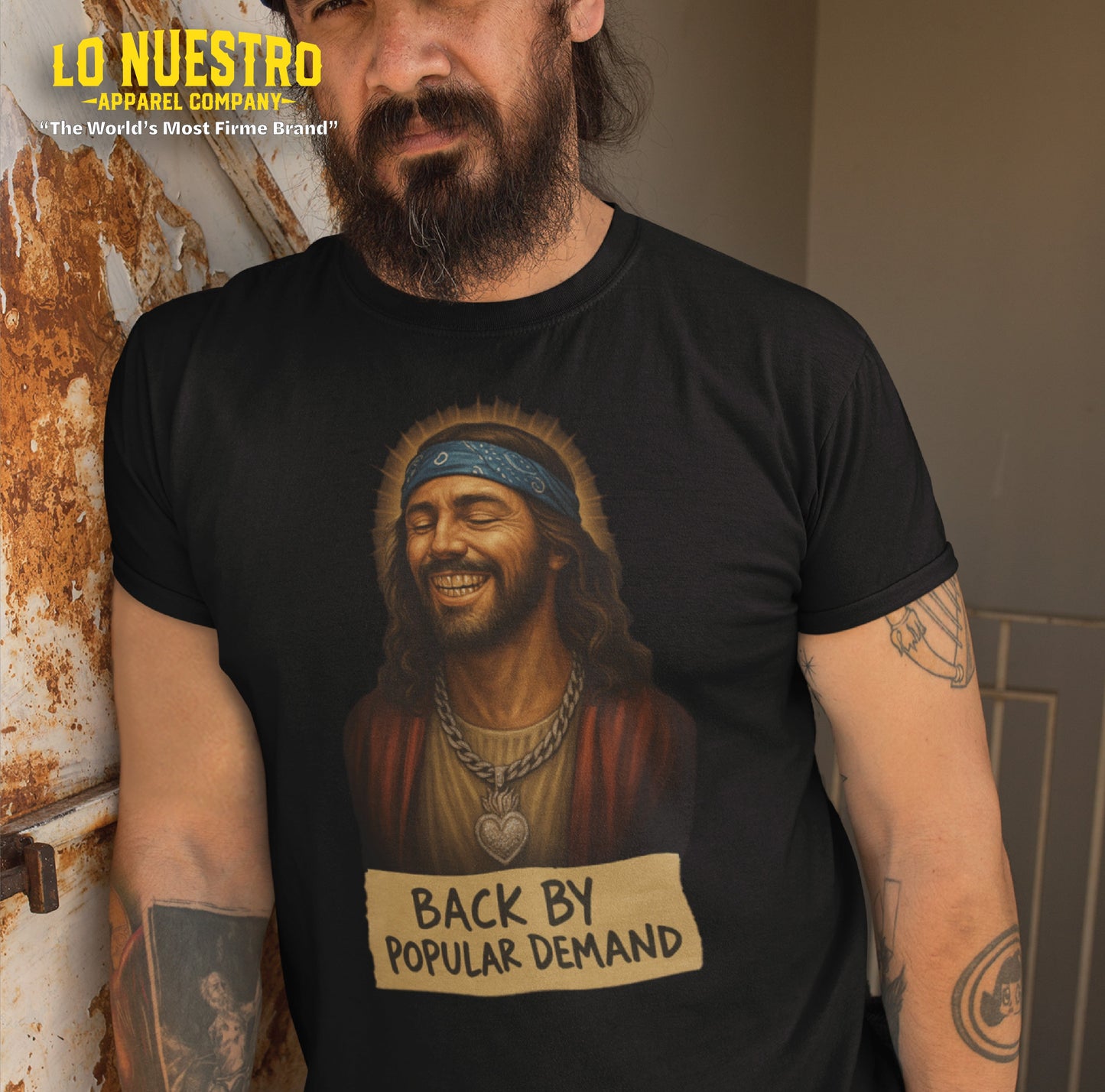 Model wearing funny Mexican Easter shirt with hip hop Jesus graphic and Back By Popular Demand tape text
