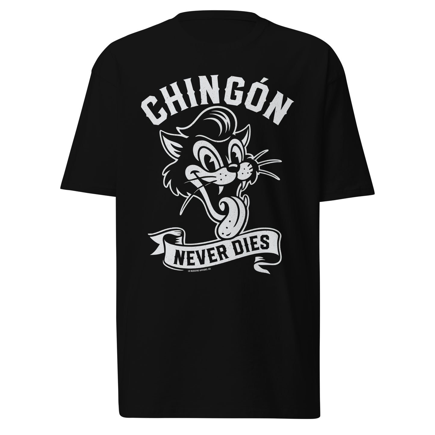 Black t-shirt with Chingon Never Dies design featuring a rockabilly cartoon cat on a white background.