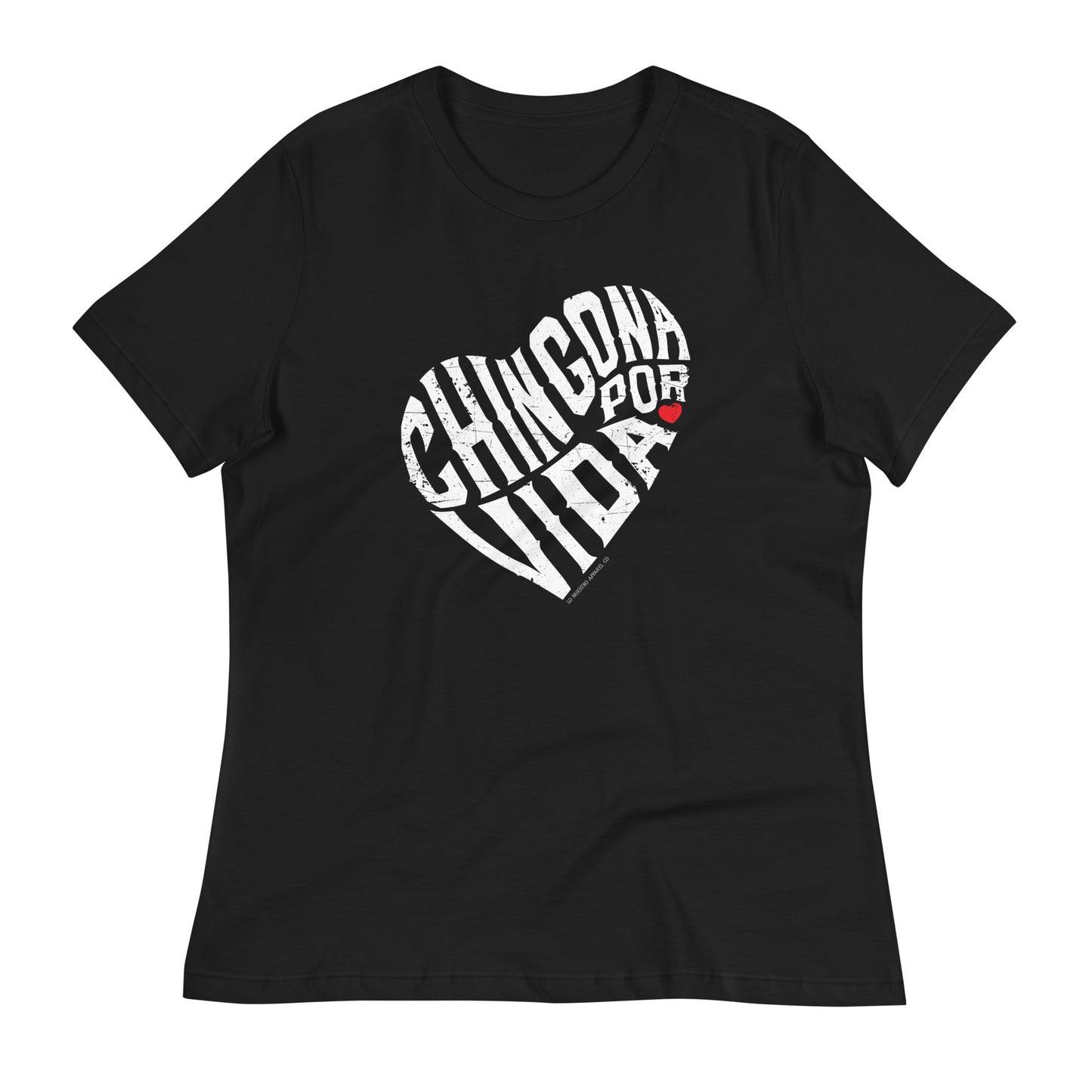 Black Chingona Por Vida Chicana shirt displayed on a white background, featuring a heart-shaped calligram design that celebrates strength, culture, and Chingona pride. Chicana Shirt.