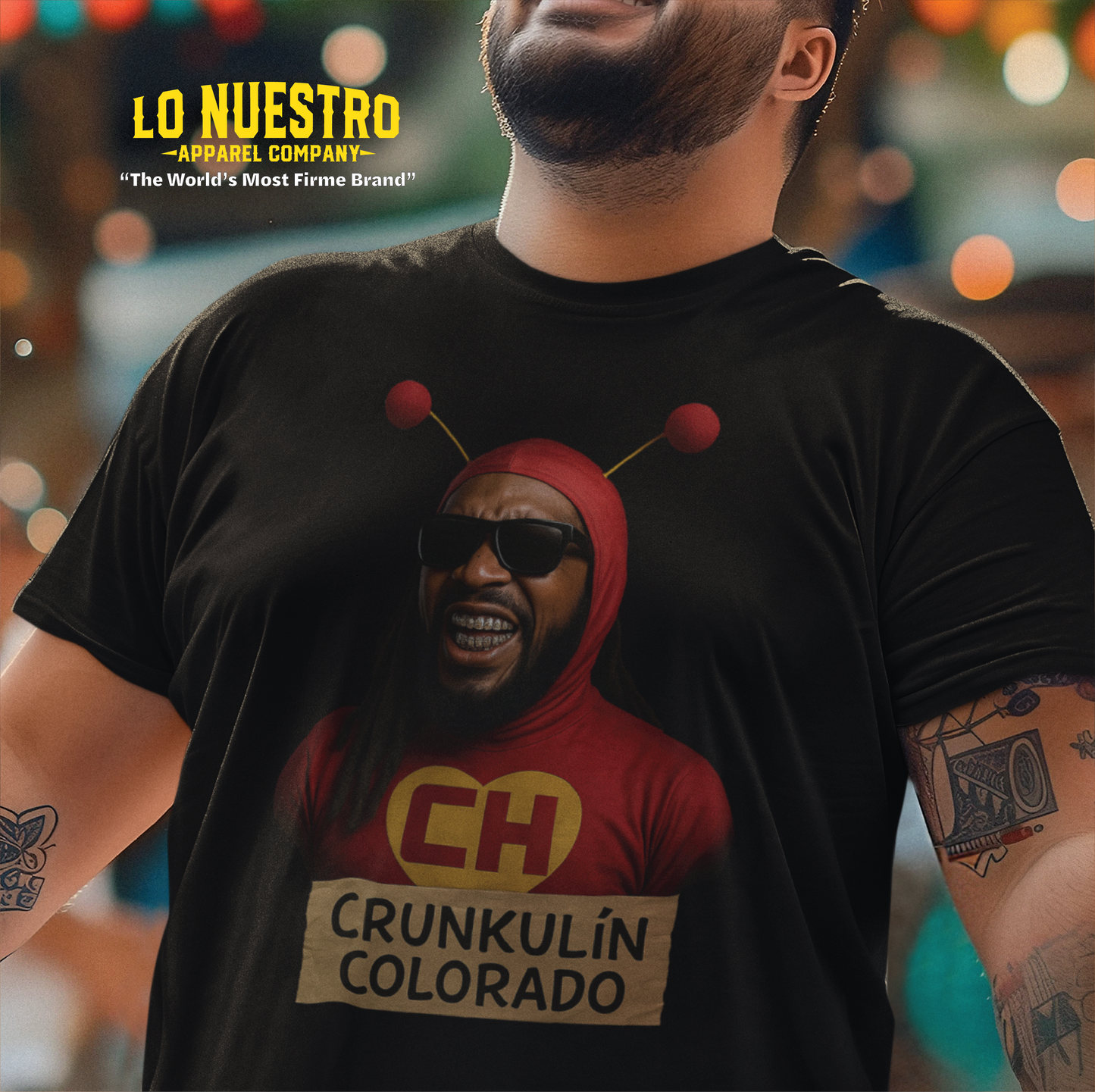 Man wearing Crunkulín Colorado t-shirt with colorful background – Funny Mexican Shirt with mashup design for streetwear lovers.
