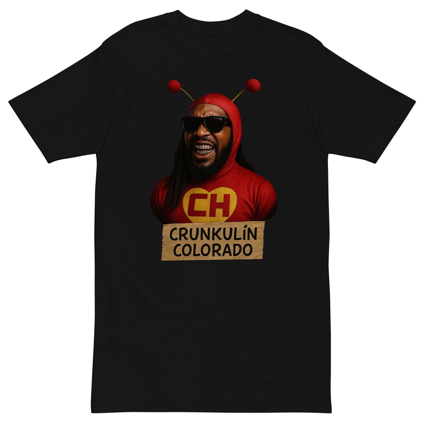 Wrinkled Crunkulín Colorado shirt displayed on white background – Funny Mexican Shirt for fans of mashup humor and loud fashion.Product mockup
