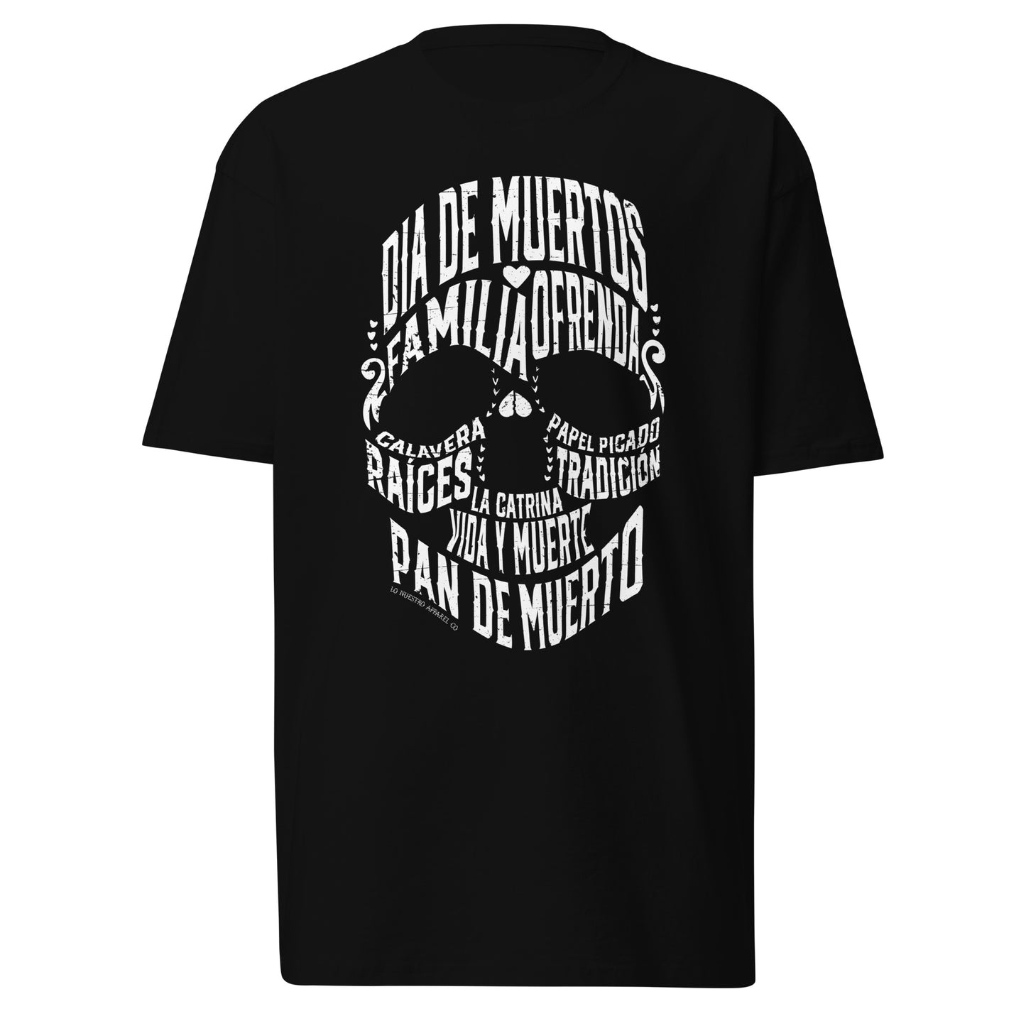 Black Dia de los Muertos calavera tee displayed on a clean white background, showcasing a unique calligram skull design that highlights Day of the Dead apparel and Chicano culture.