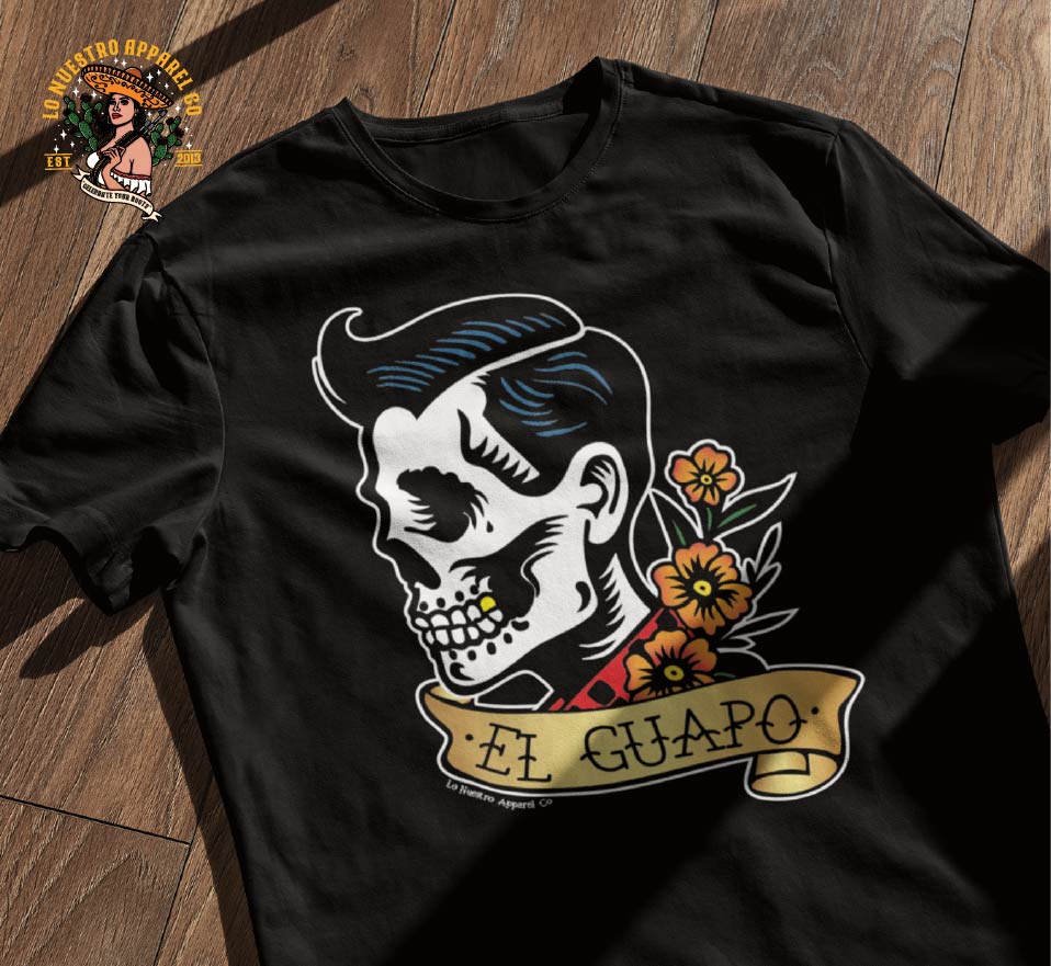 El Guapo Chingon Tshirt on a wooden floor part of Lo Nuestro Apparel's funny Mexican Tshirts and Chicano Clothing line.