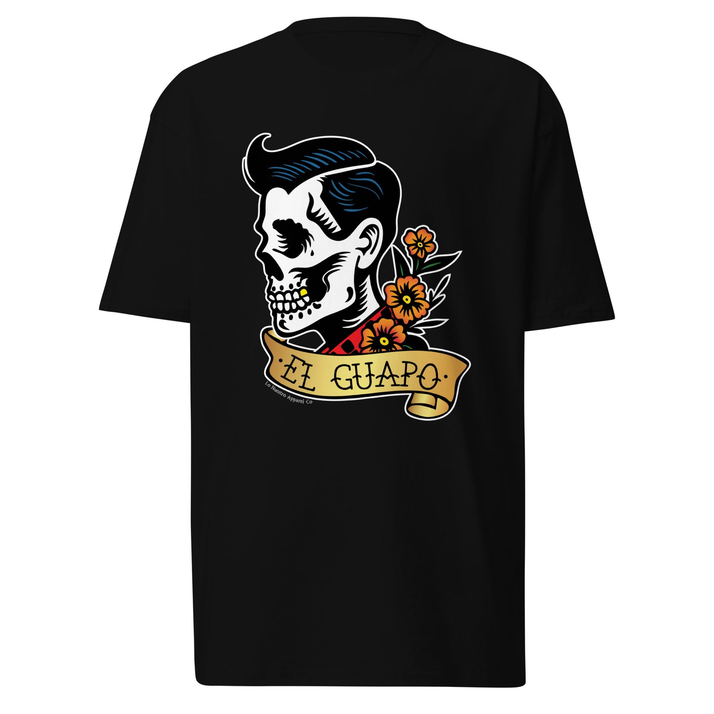 A flat black tshirt showing off the El Guapo Chingon T-shirt for Lo Nuestro Apparel Co Funny Mexican T Shirts line.