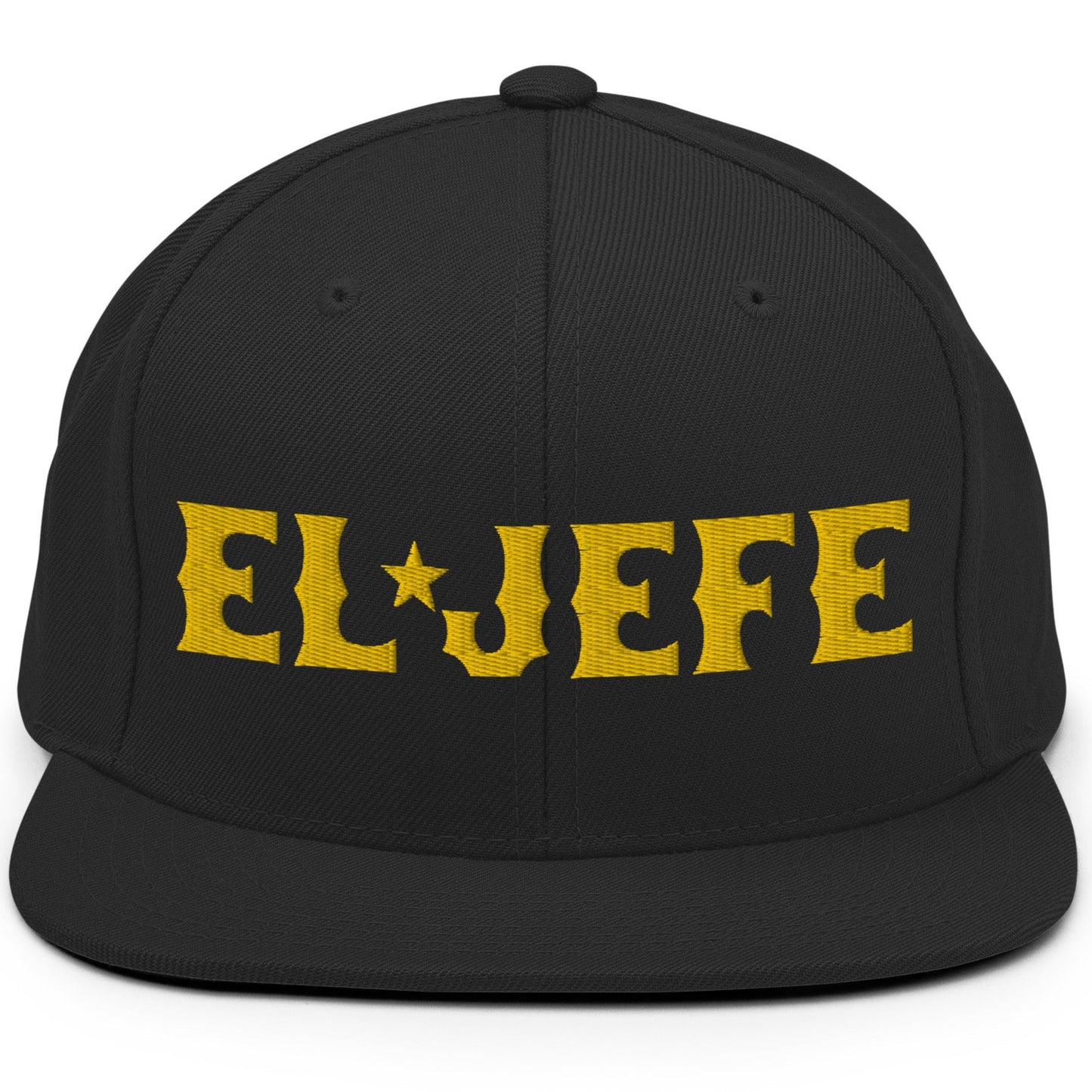 Black El Jefe Snapback Hat featuring bold Old English embroidery on the front. A must-have for OGs and cool dads.