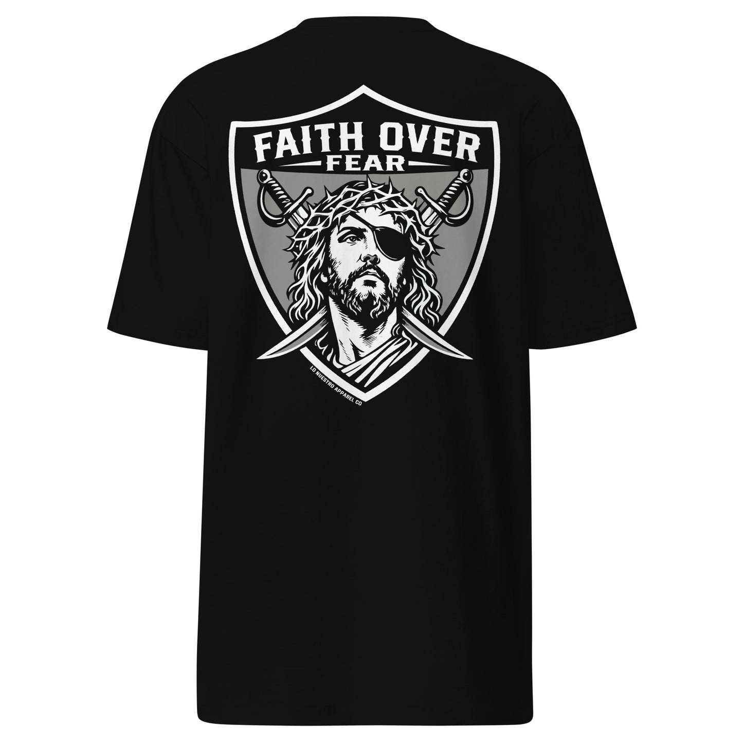 Back view of black Faith Over Fear Jesus shield t-shirt featuring large graphic print on white background