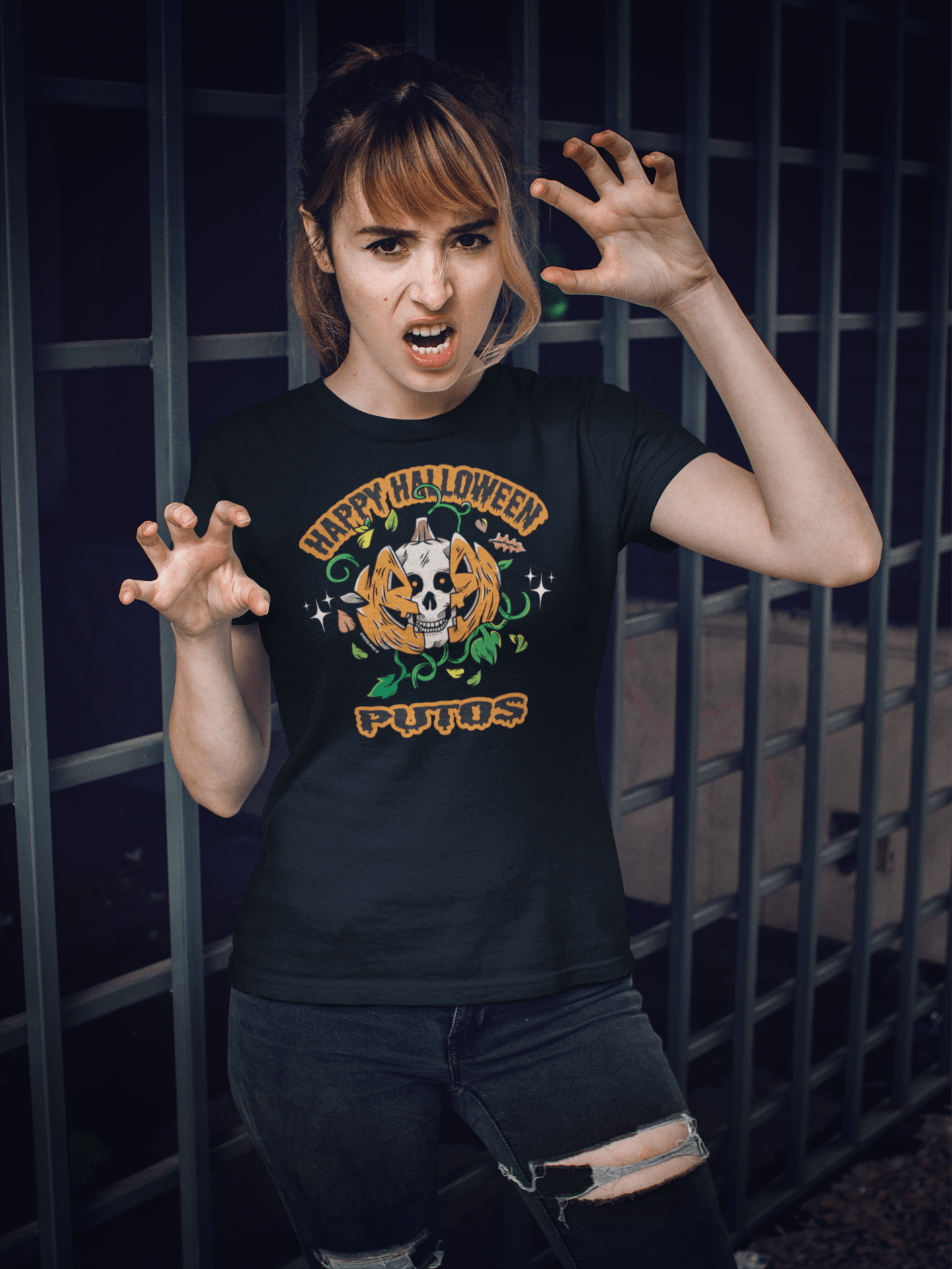 Woman wearing Happy Halloween Putos t-shirt posing fiercely