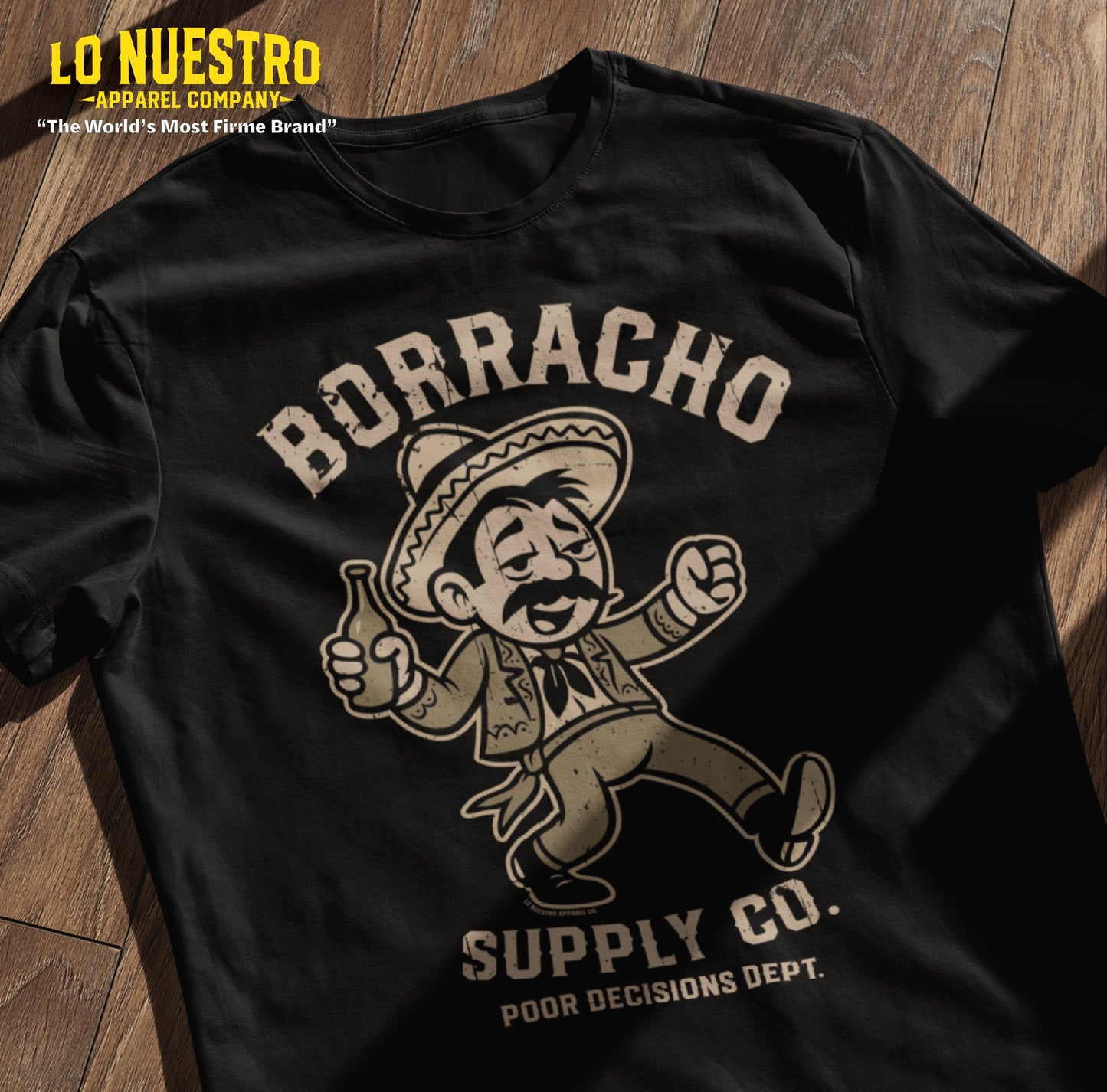 Black t-shirt mockup featuring a drunk cartoon character and Borracho Supply Co. design. Funny Mexican shirt in classic Chicano clothing style.