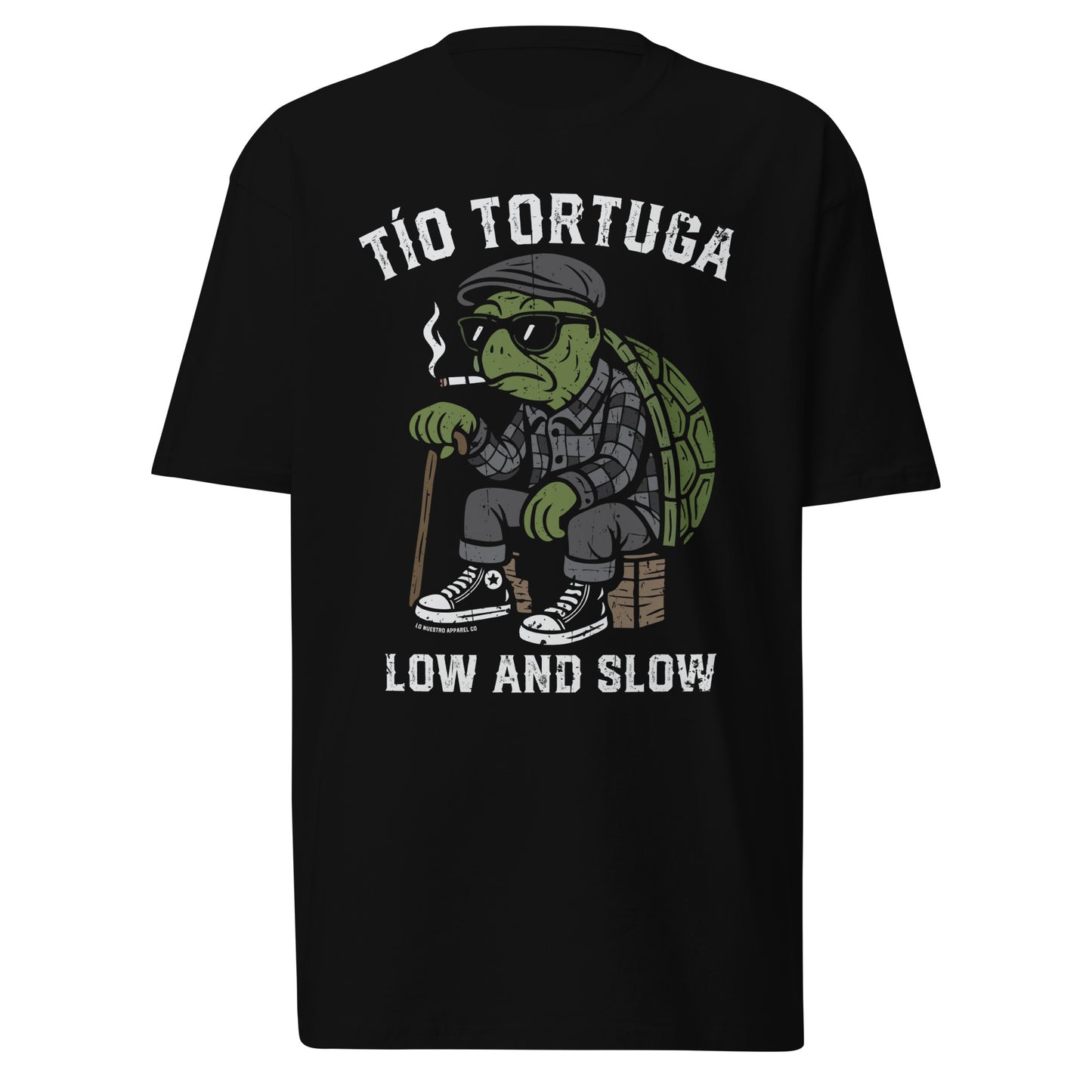 Tio Tortuga funny Mexican shirt displayed on a white background, featuring a cartoon turtle in Chicano clothing with the phrase "Low and Slow".
