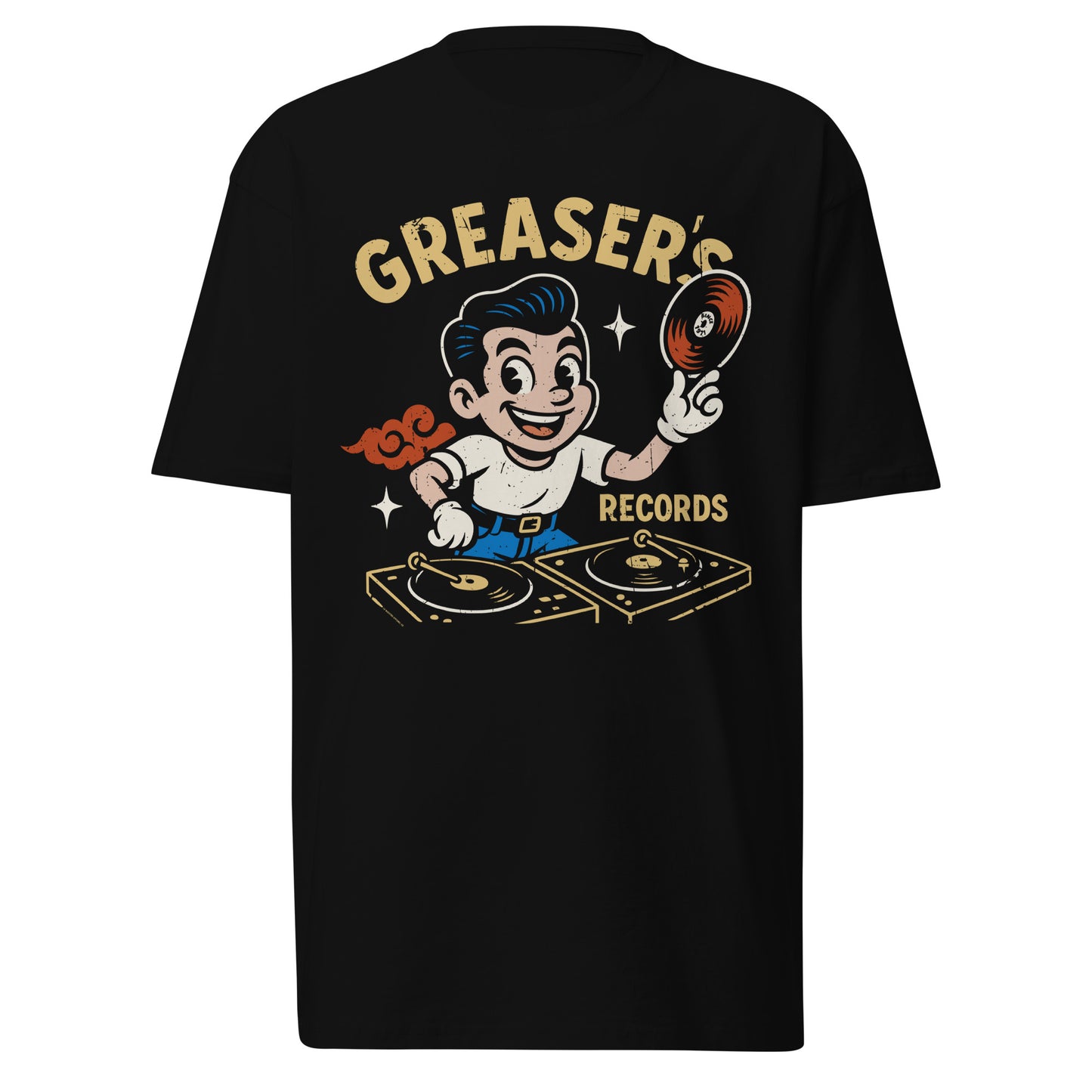 Black and white Greaser’s Records t-shirt design on a white background. Funny Mexican shirt featuring a vintage cartoon greaser DJ spinning vinyl.