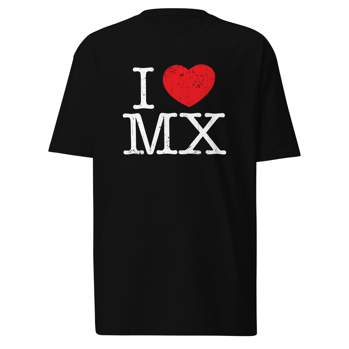 Black I Love MX Mexico shirt displayed on a white background, featuring a distressed design with bold text and a red heart graphic. A classic Mexican shirt for everyday wear.