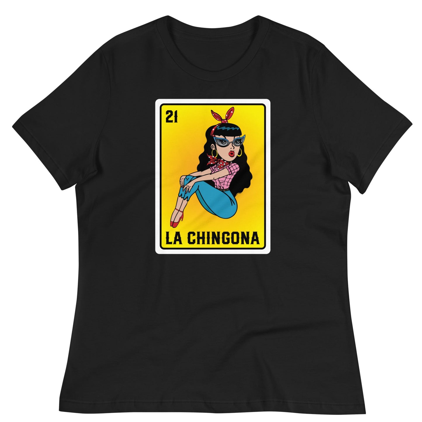 Front view of a black women's t-shirt featuring a vibrant "La Chingona" Lotería-style graphic. The design showcases a stylish Chicana in a pink plaid shirt, blue jeans, and high heels, set against a bold yellow-orange gradient background.