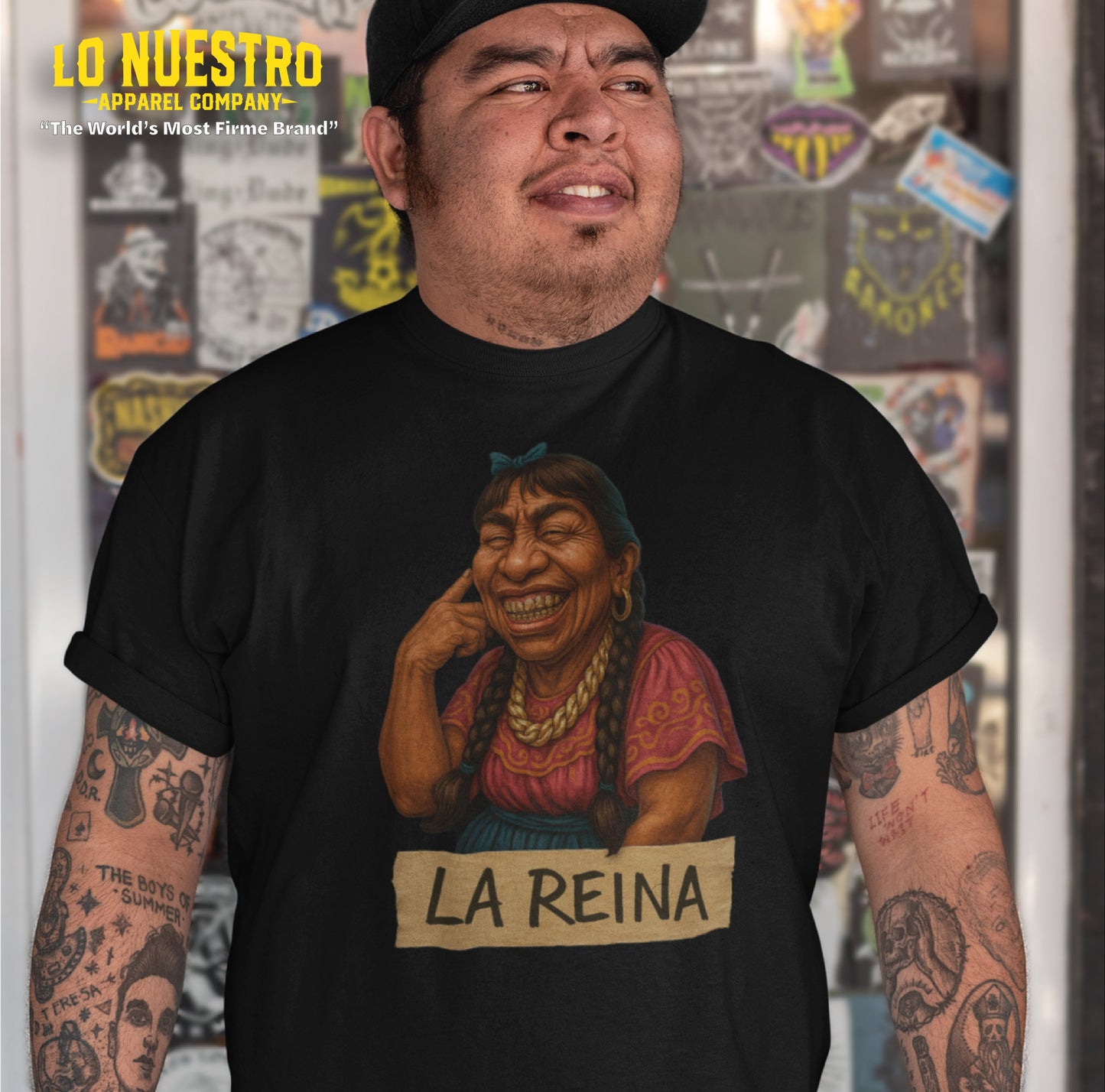 Funny Mexican shirt mockup featuring a smiling mujer in traditional dress with braids, labeled La Reina – perfect for Chicano streetwear style.