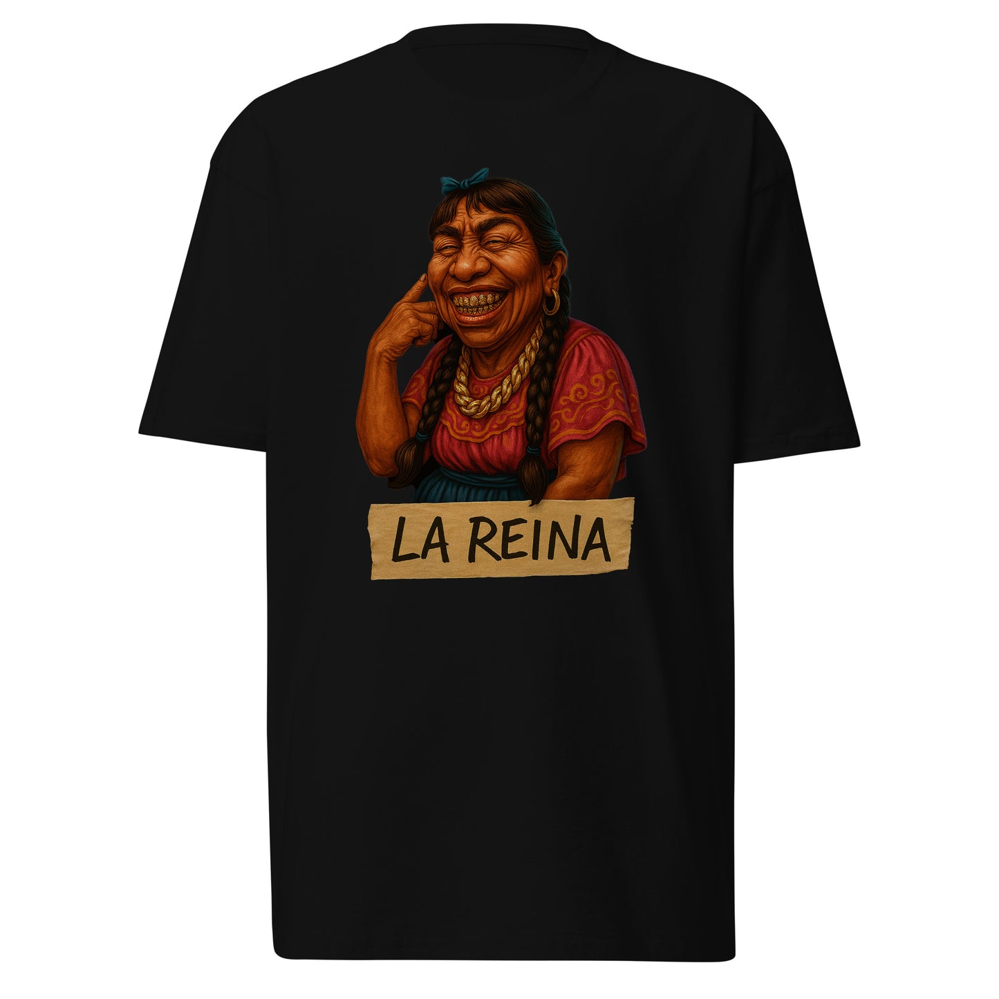 Funny Mexican shirt design featuring a proud Chicana queen and La Reina in tape lettering, set on a clean white background for clarity and contrast.