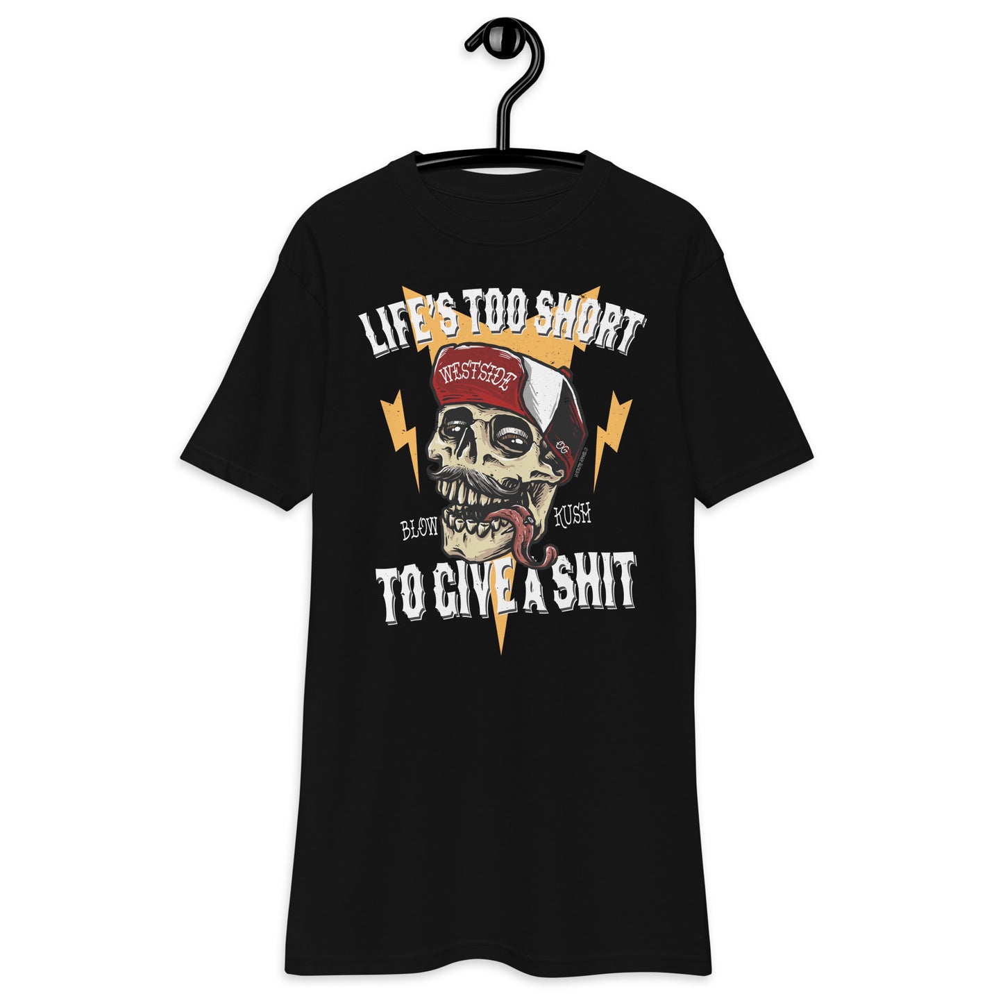 Detailed view of the "Life's Too Short" graphic on black T-shirt.