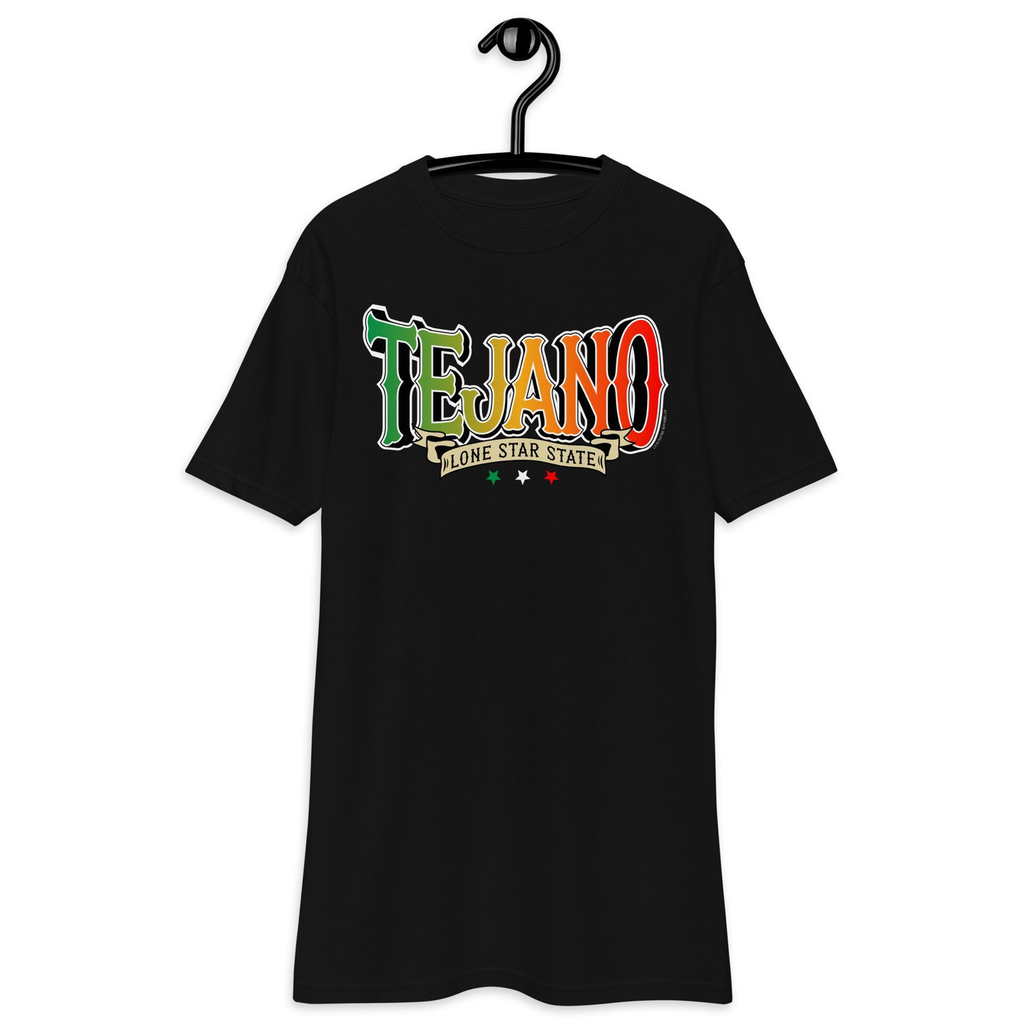 Close-up of the "Tejano" text and design on a premium black T-shirt.