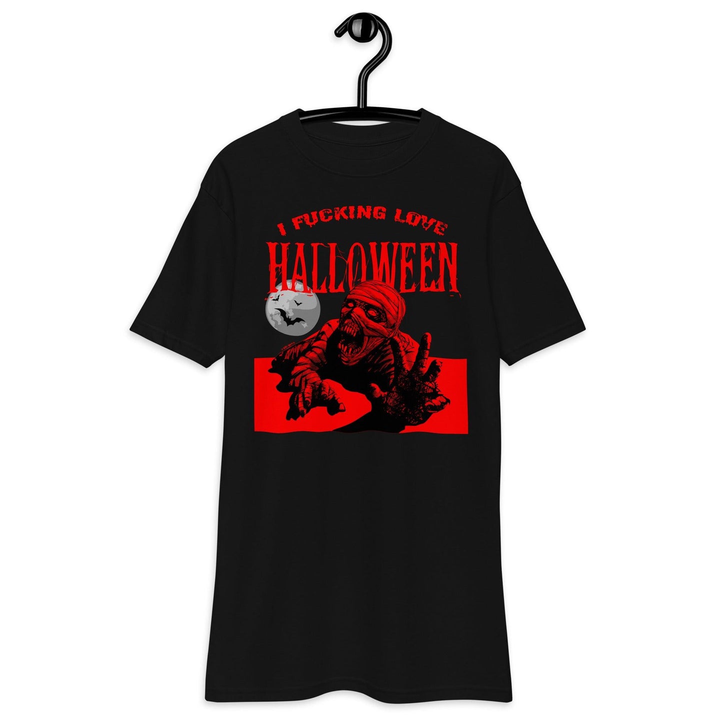 I Fucking Love Halloween Men's T-Shirt hanging on a hanger, showcasing mummy graphic – Funny Halloween T-Shirt, Halloween Humor Clothing, Comfortable Halloween T-Shirt.