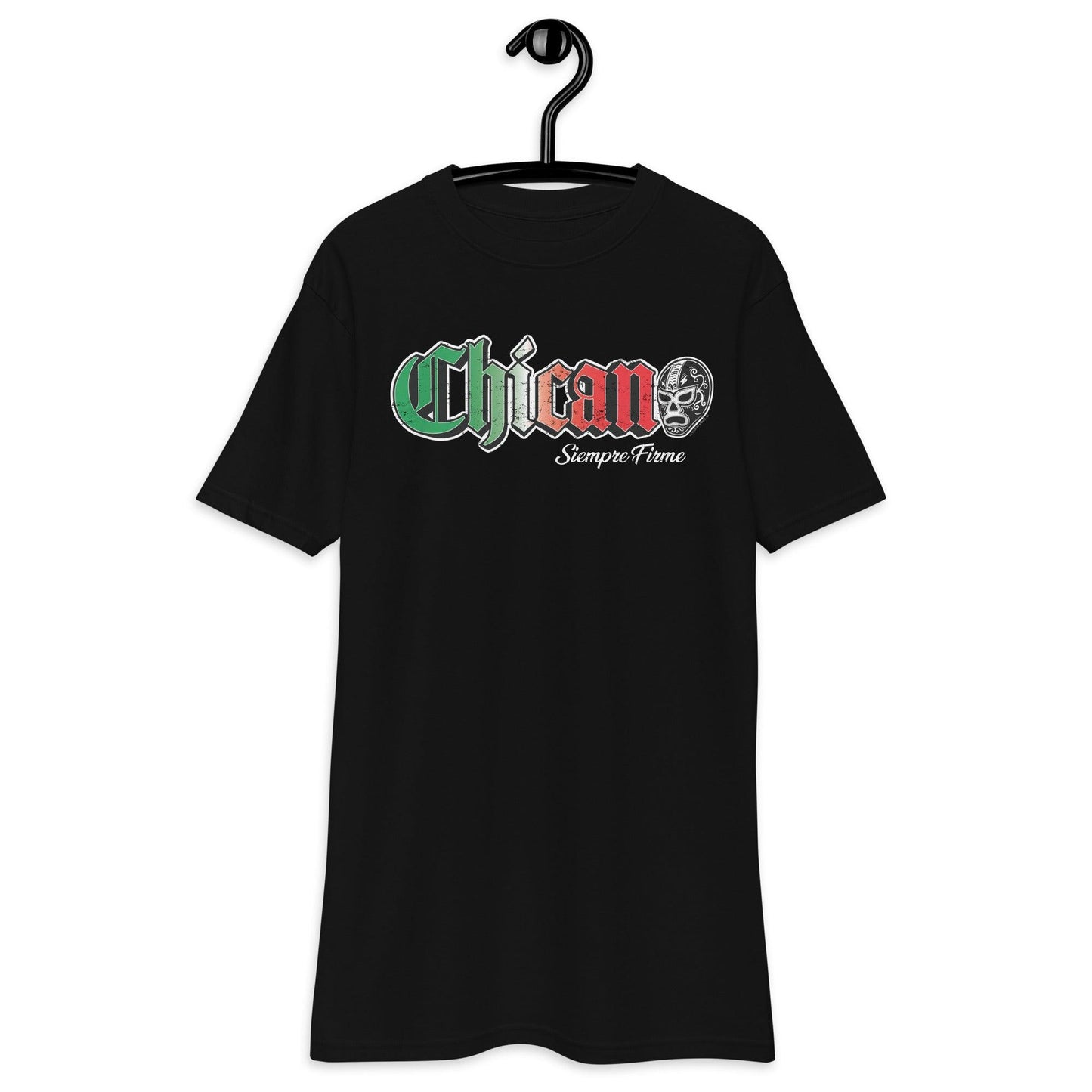 Chicano Siempre Firme T-Shirt in Black hanging on a black hanger, showcasing the bold graphic with Mexican flag colors and 'Siempre Firme' text below.