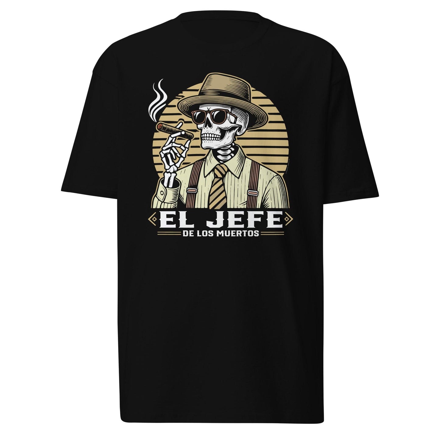 Black t-shirt featuring an illustrated skeleton wearing a fedora, sunglasses, and a tie while smoking a cigar. The text 'El Jefe de los Muertos' is displayed in bold letters beneath the skeleton.