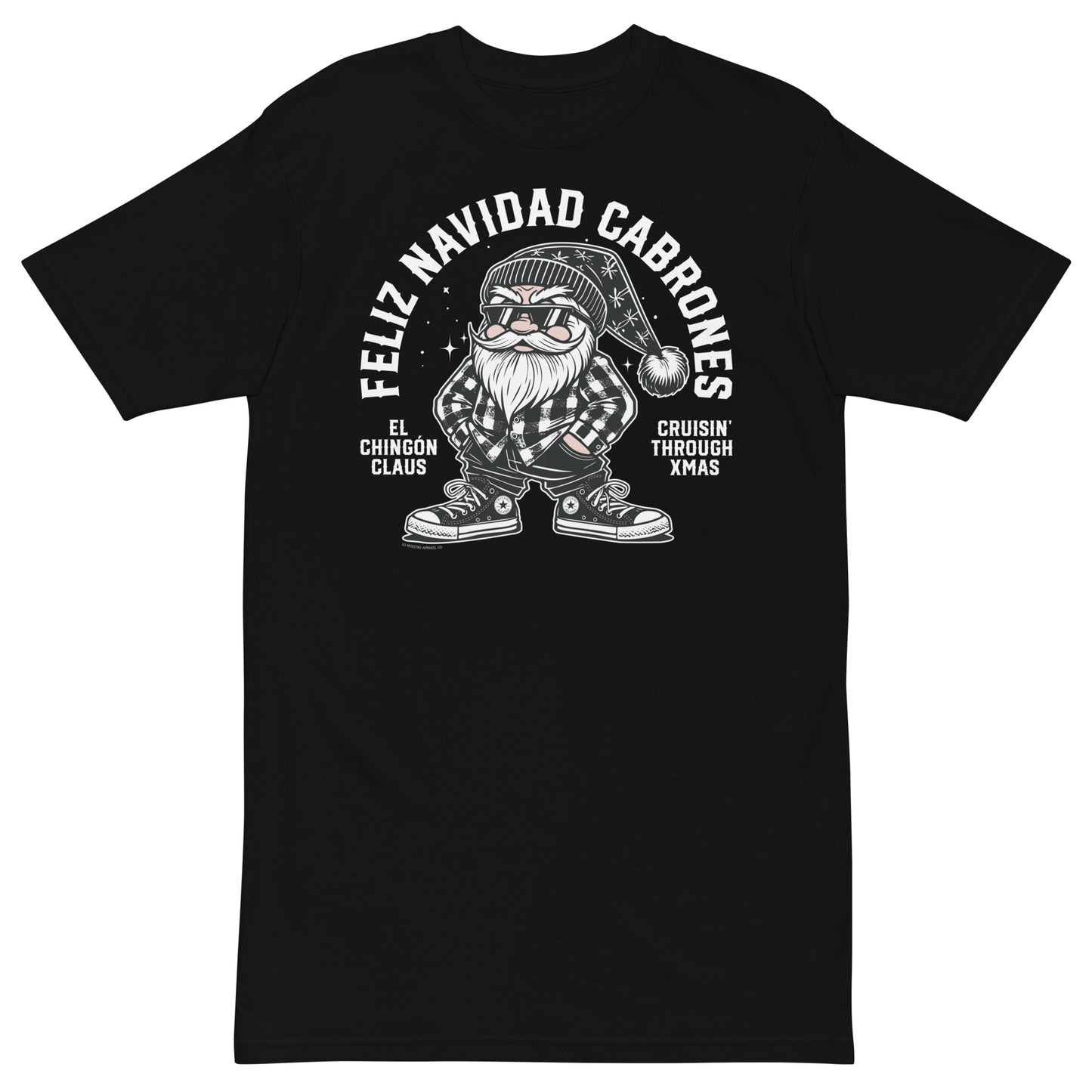 Flat-lay of a black 'Feliz Navidad Cabrones' t-shirt featuring El Chingón Claus and the words 'Cruisin’ through Xmas' in a bold, festive design."