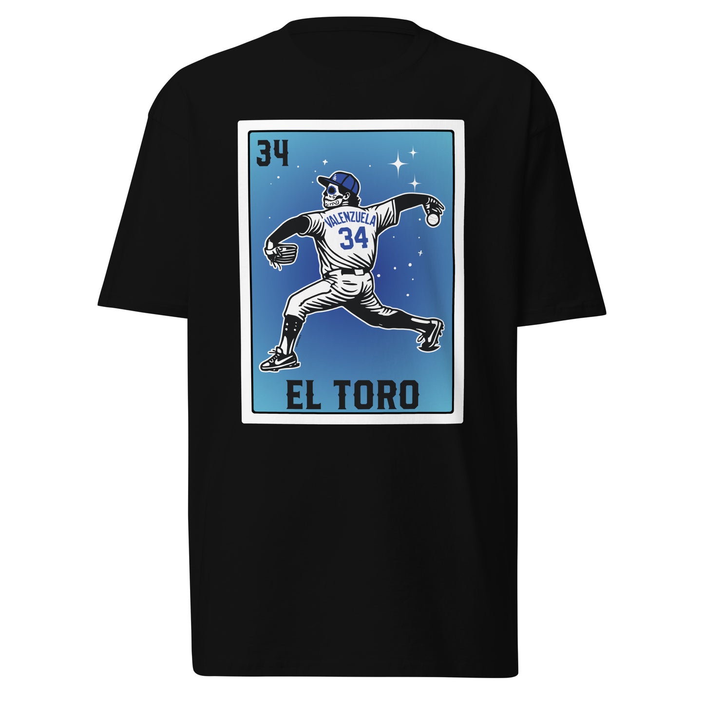 "El Toro tribute t-shirt in black featuring a Loteria-style graphic of a baseball player mid-pitch with the number 34.