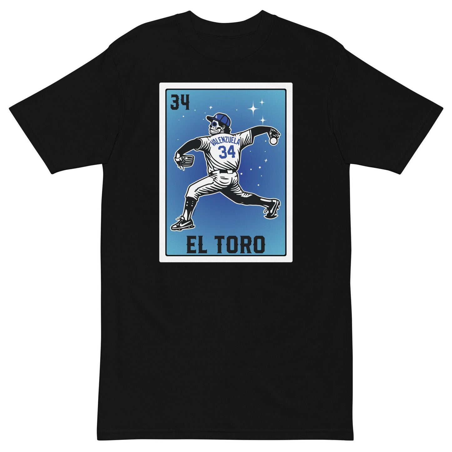 Black premium heavyweight t-shirt showcasing a Loteria-style 'El Toro' graphic with a player pitching.