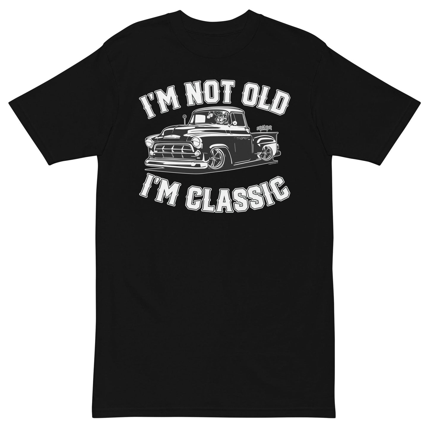Men's black 'I'm Not Old, I'm Classic' t-shirt showcasing retro design with a classic truck illustration.