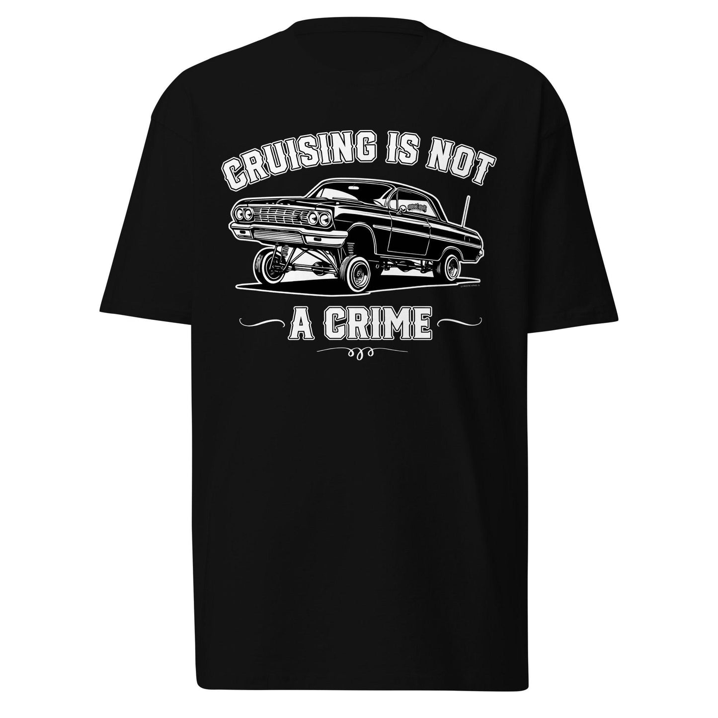 Front view of 'Cruising Is Not a Crime' T-Shirt in black, featuring a detailed lowrider graphic