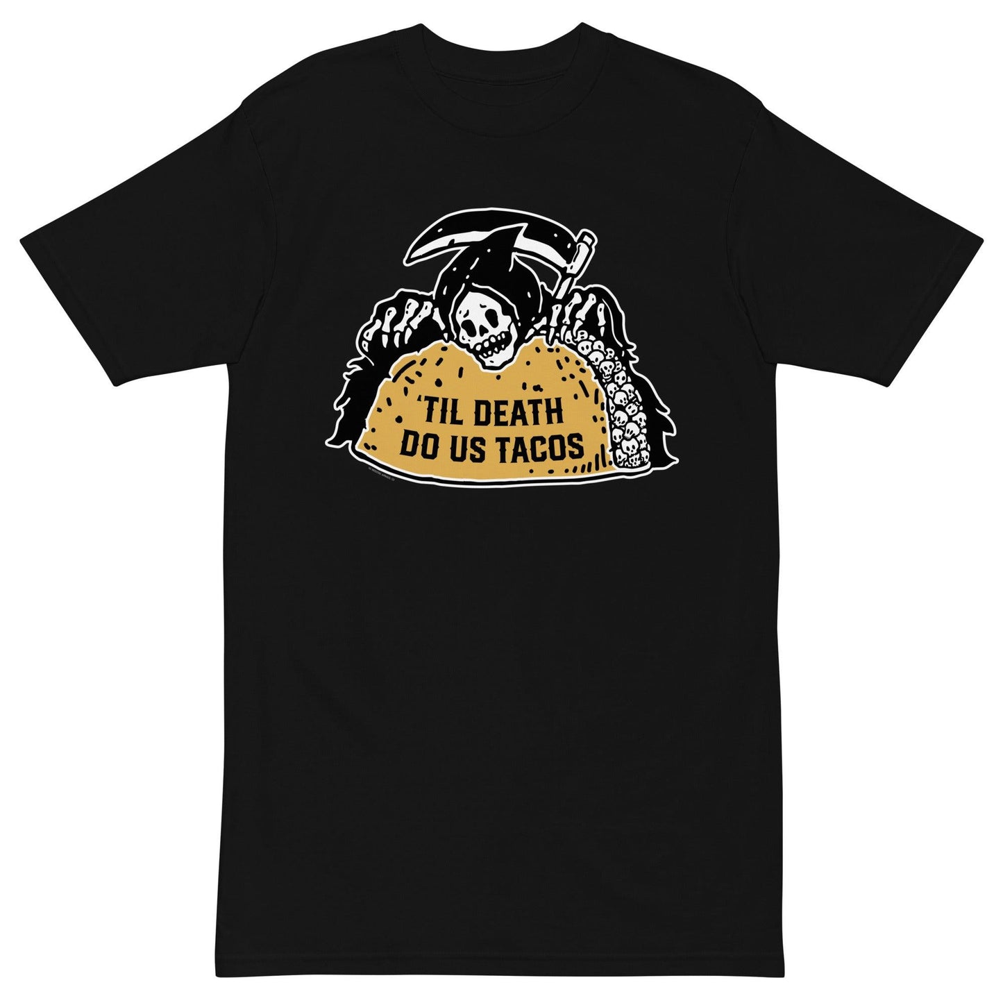 Flat lay of a black t-shirt with 'Til Death Do Us Tacos' Grim Reaper and taco design.