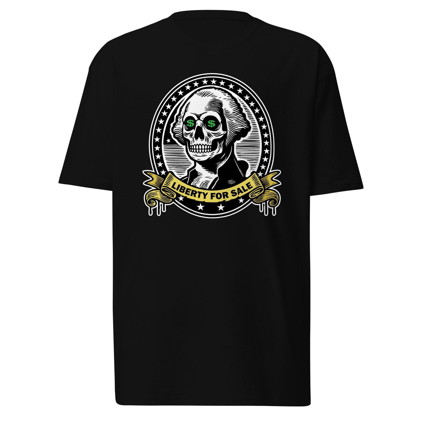 Lay flat black tshirt of 'Liberty for Sale' t-shirt, featuring a skeletal George Washington with dollar signs in his eyes.
