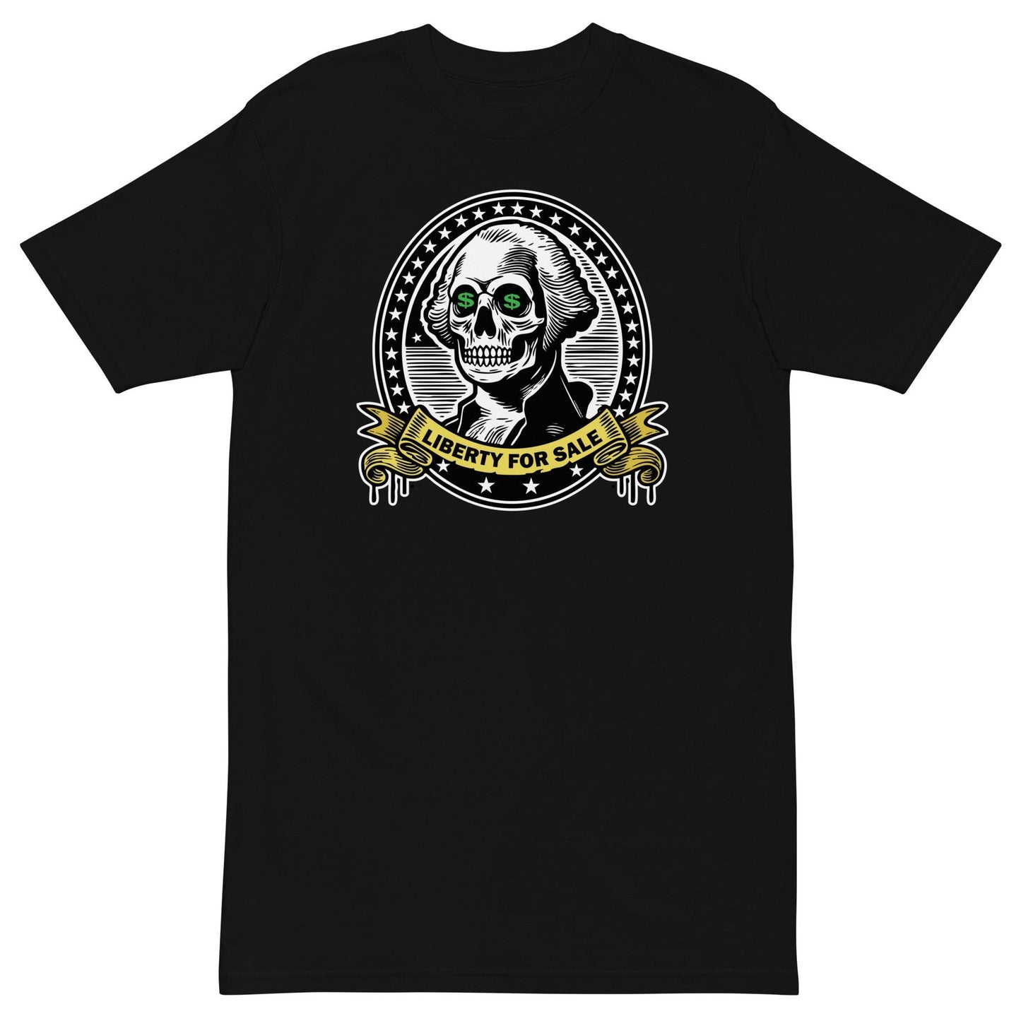 Lay flat black tshirt of 'Liberty for Sale' t-shirt, featuring a skeletal George Washington with dollar signs in his eyes.