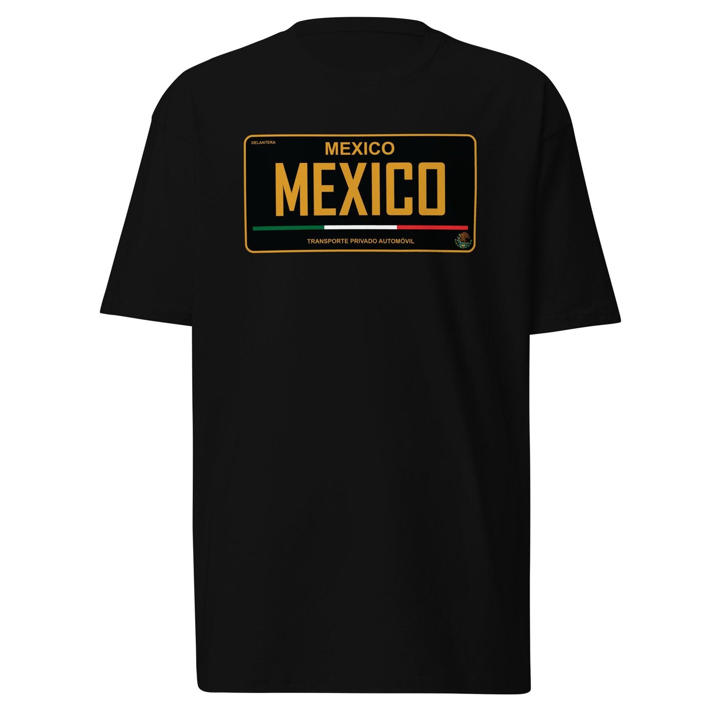 A black t-shirt with a Mexico license plate graphic, showcasing gold lettering and Mexican flag colors.