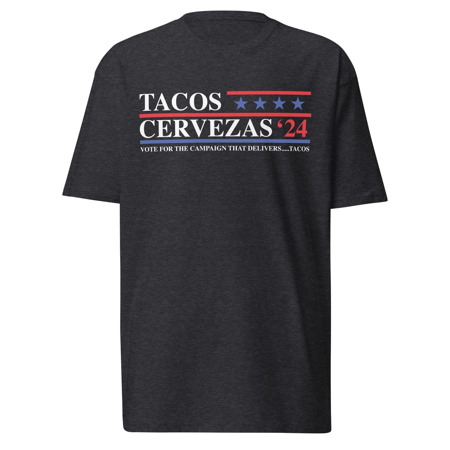 Close-up of a Charcoal Heather T-shirt featuring 'Tacos & Cervezas '24 - Vote for the campaign that delivers... tacos' with stars and stripes design.