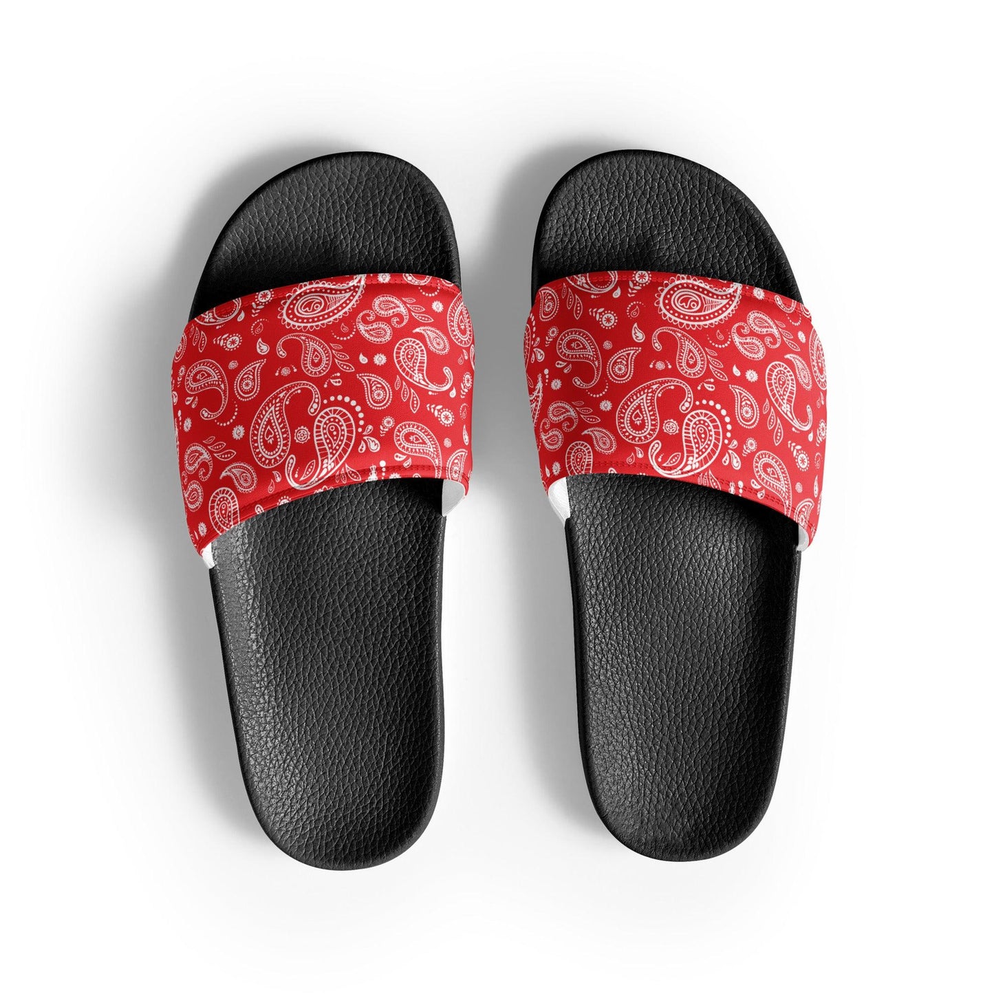 Close-up of the red bandana slide sandals showing the detailed pattern and durable stitching.