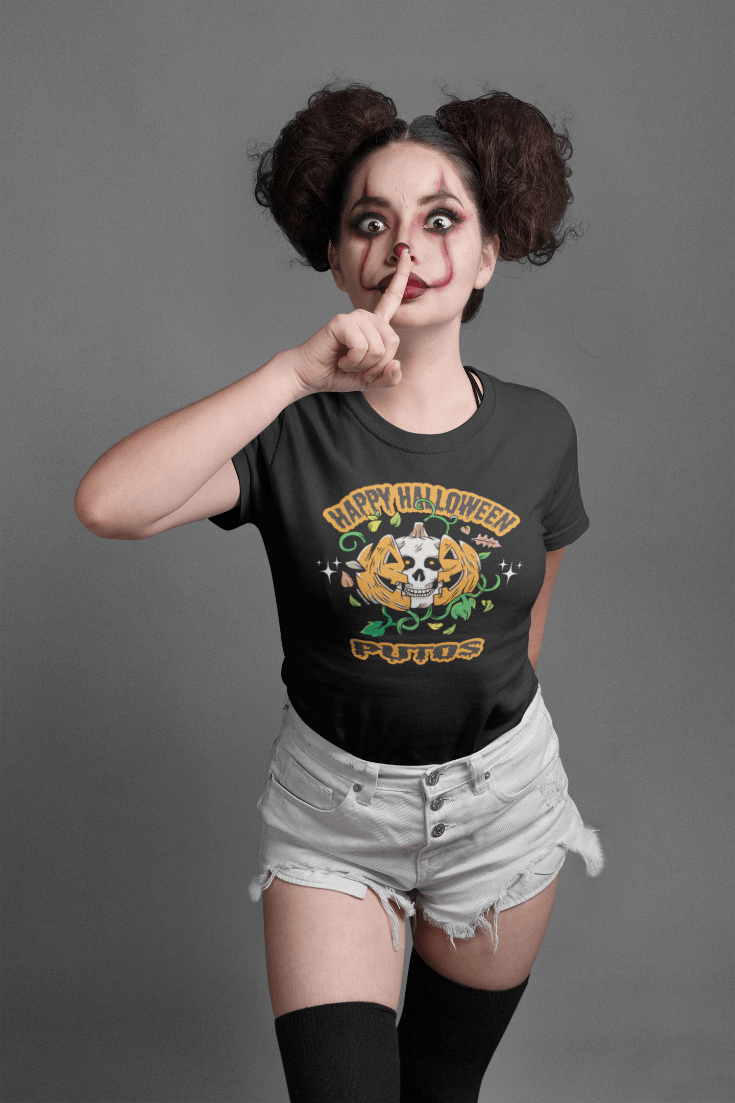 Woman with Halloween makeup wearing Happy Halloween Putos t-shirt