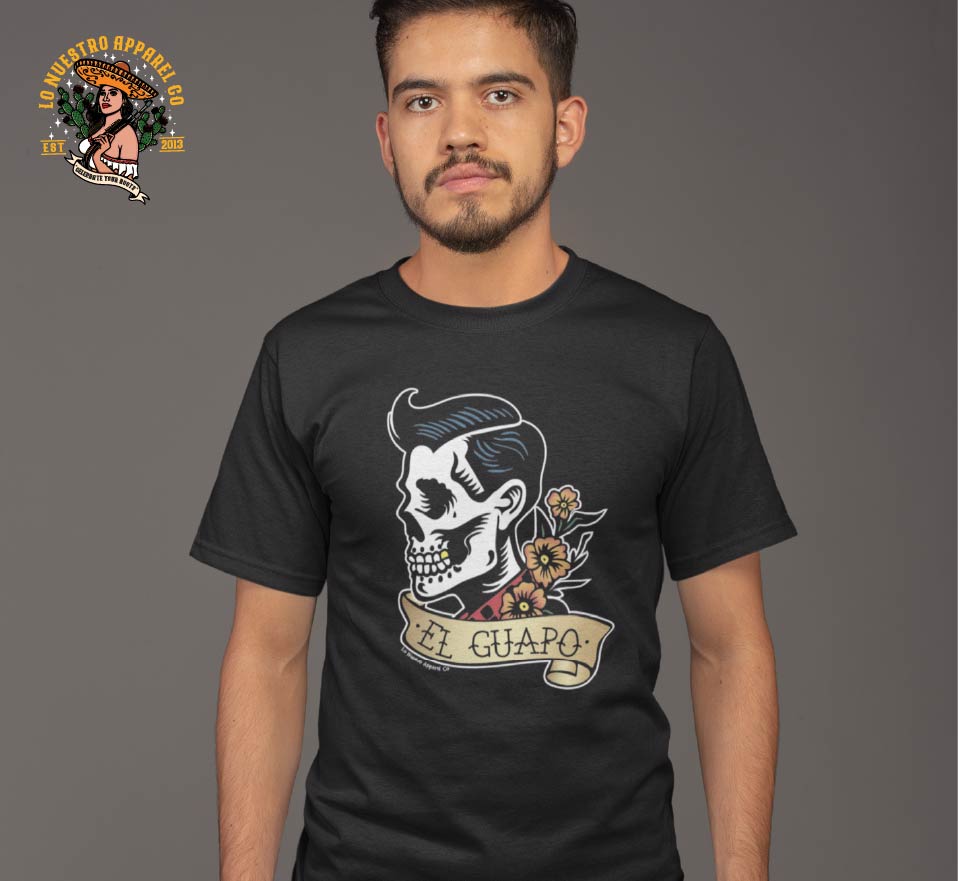 A young Hispanic male model wearing the El Guapo Chingon Tshirt, part of Lo Nuestro Apparel Co's Chicano Clothing line.