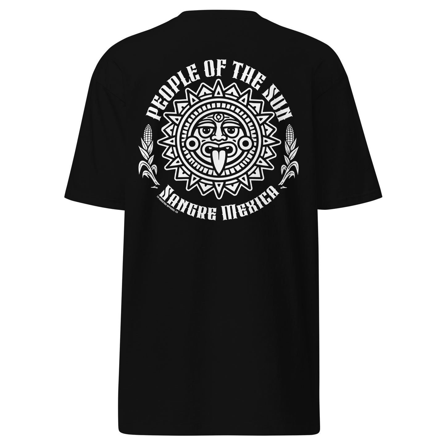 People of the Sun t-shirt back view on white background with Sangre Mexica Aztec sun god graphic design