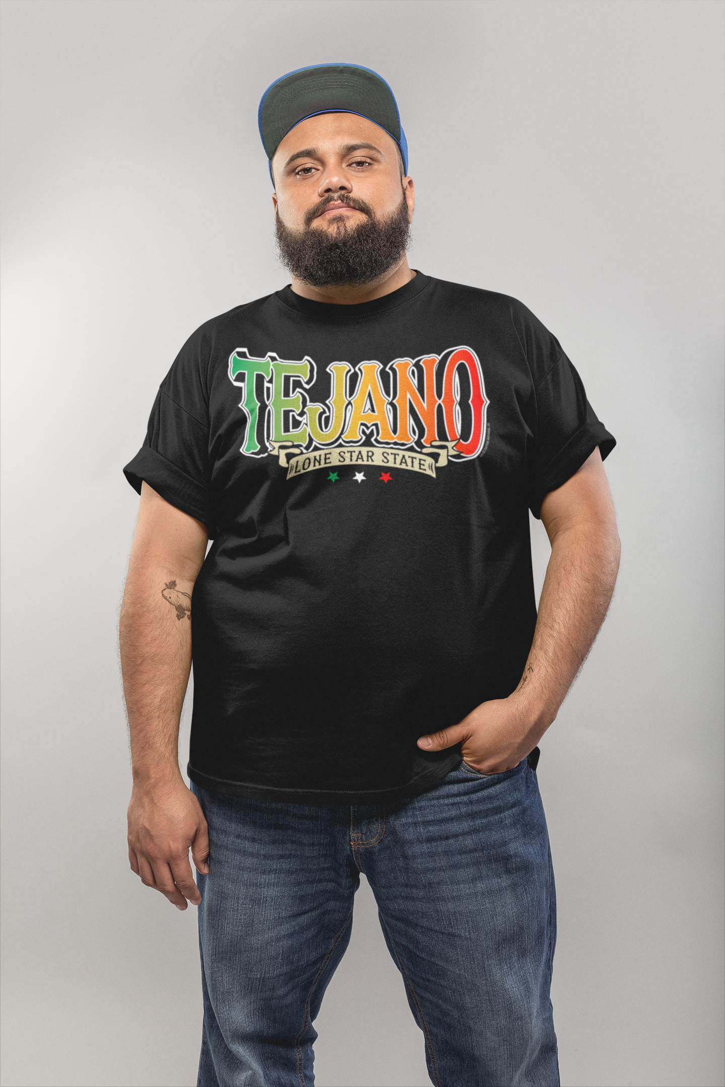 Full-body shot of a relaxed fit "Tejano" T-shirt, perfect for casual wear.