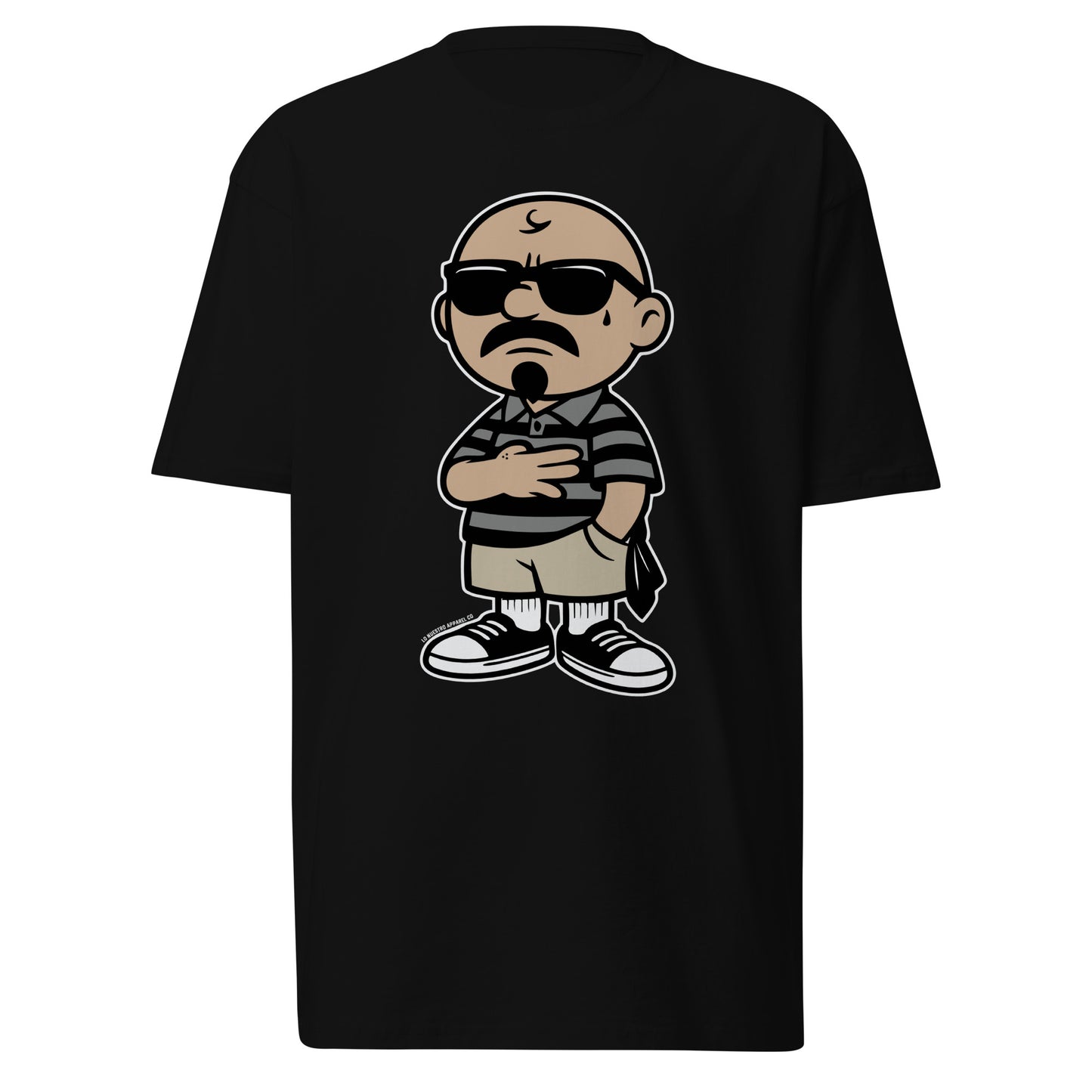 White background t-shirt mockup showcasing a cartoon homie character. Funny Mexican shirt with Chicano clothing elements.