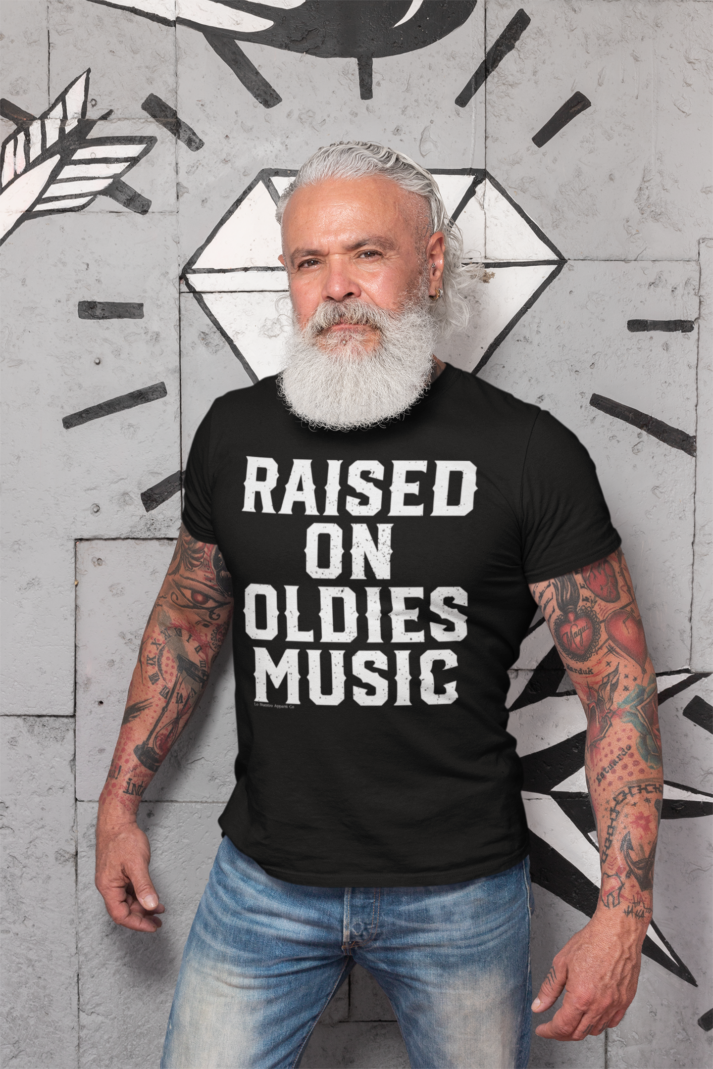 Model wearing the "Raised on Oldies Music" T-shirt to show the relaxed fit and comfortable style