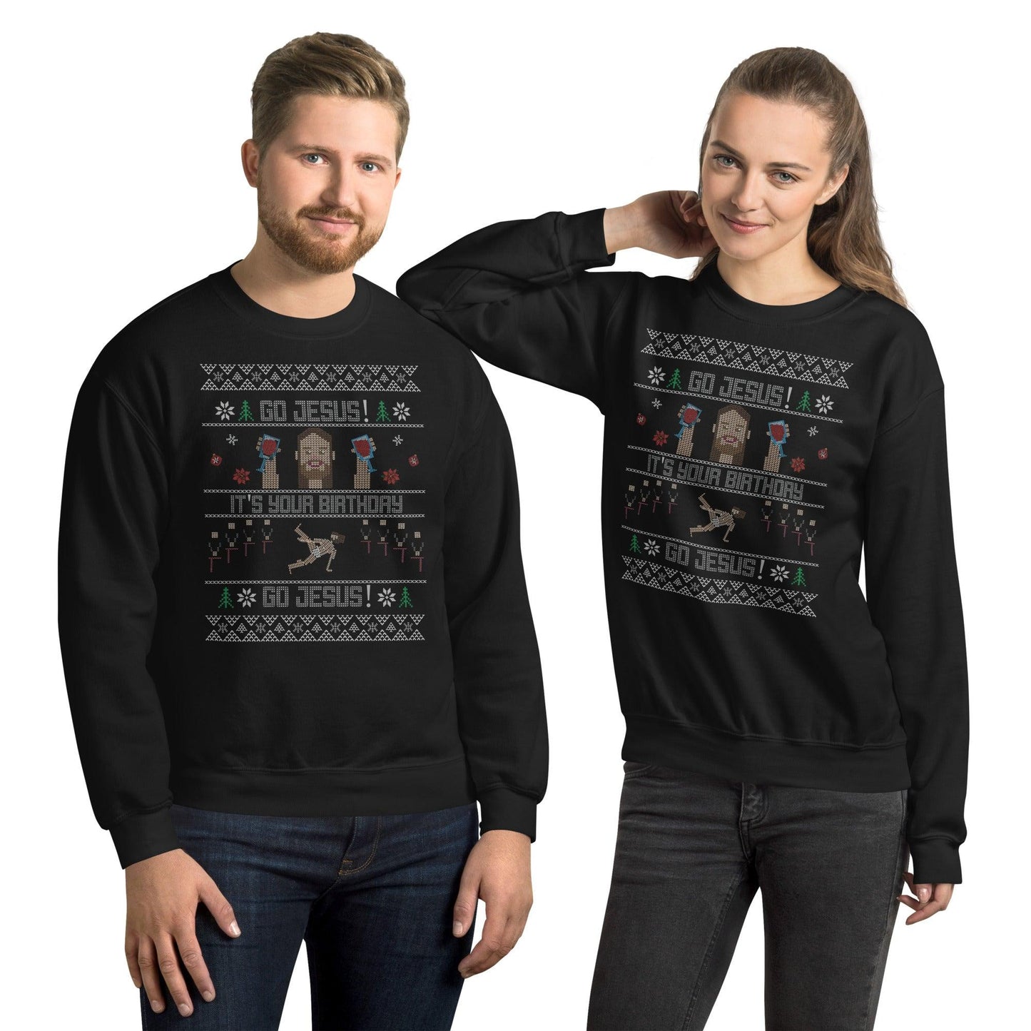 Models wearing the 'Go Jesus It’s Your Birthday' ugly Christmas sweater design on black crewneck sweatshirts, perfect for holiday parties or gatherings.