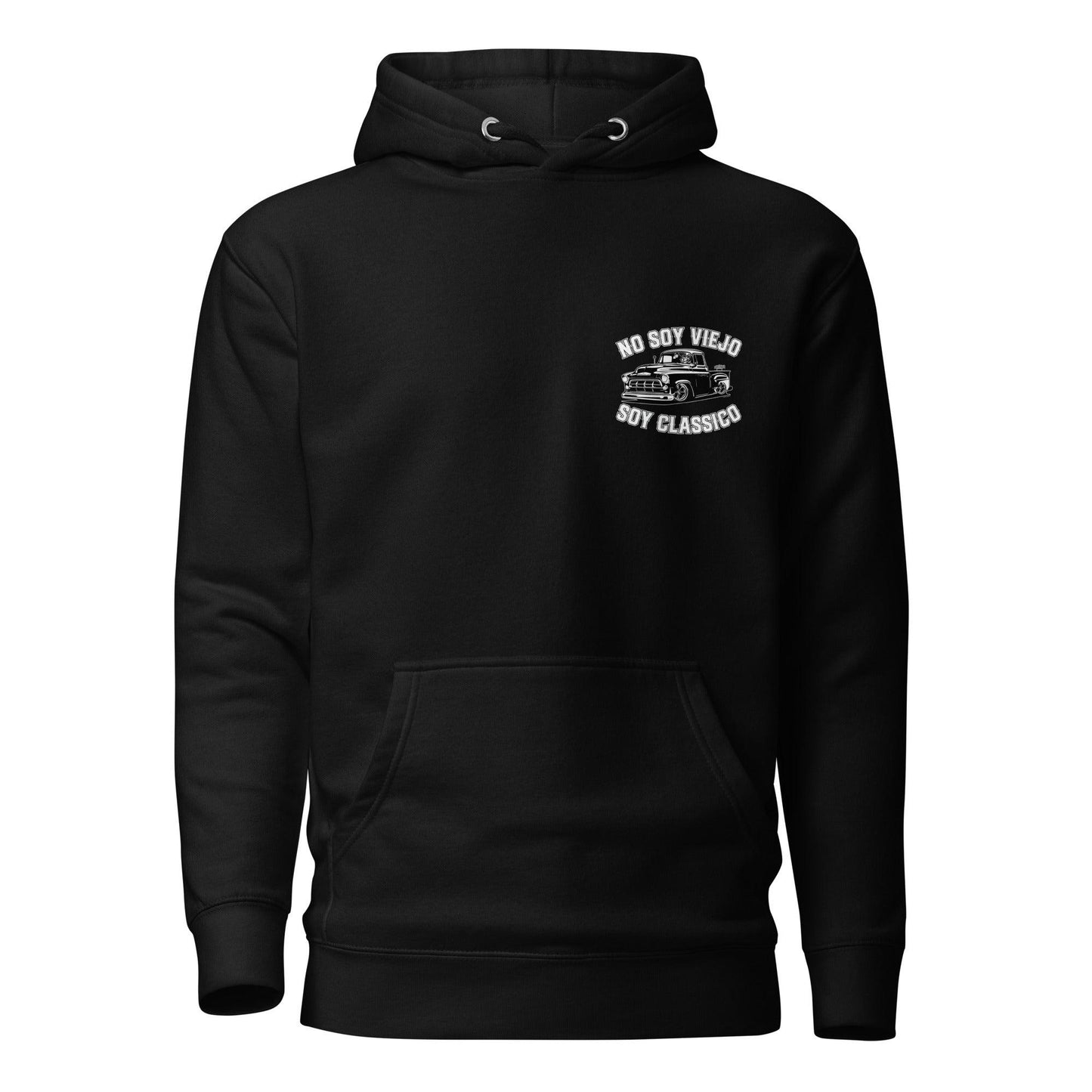 Black hoodie laid flat, displaying a small white chest graphic that reads “No Soy Viejo, Soy Classico” with a vintage truck design.