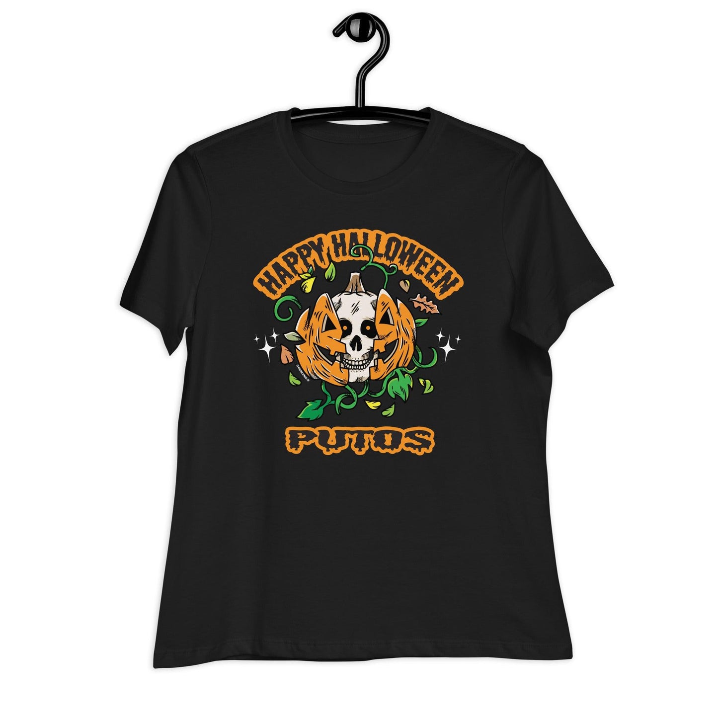 Happy Halloween Putos t-shirt on hanger with spooky design