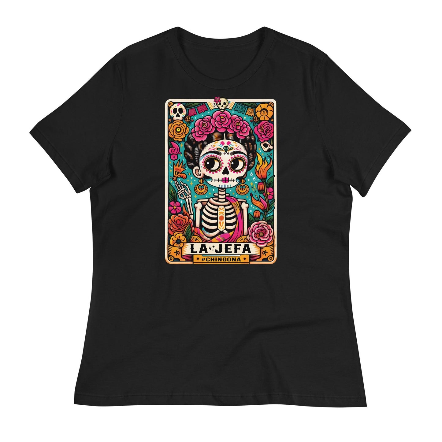 A black women's relaxed t-shirt featuring a vibrant Dia de los Muertos tarot card graphic with the text 'La Jefa.'