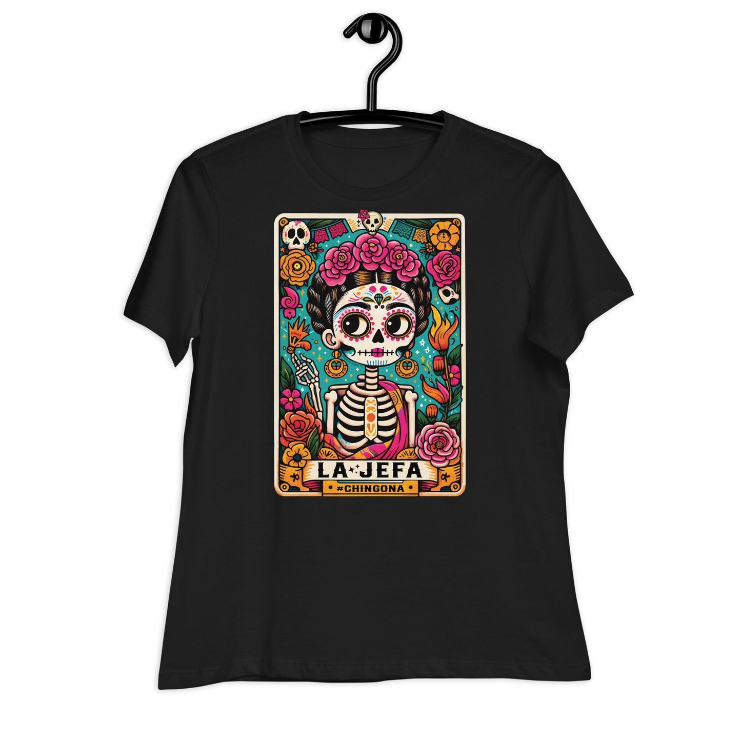 A black women's relaxed t-shirt featuring a vibrant Dia de los Muertos tarot card graphic with the text 'La Jefa.'