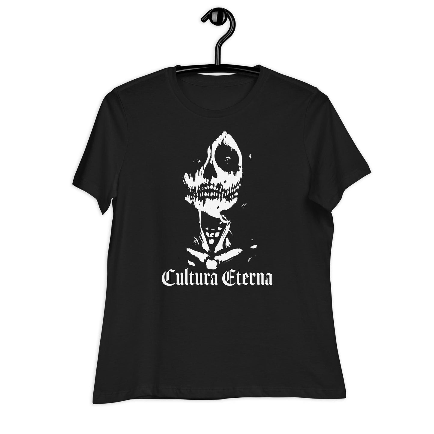 Cultura Eterna t-shirt in black on a hanger, highlighting the striking skeleton graphic and Cultura Eterna text in gothic font.