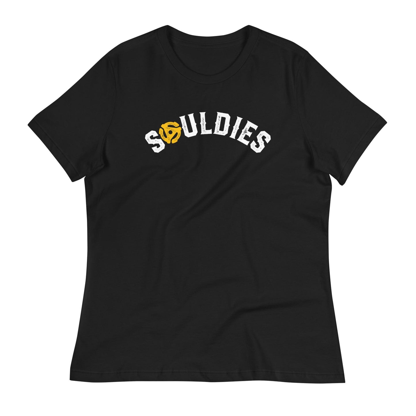 Black t-shirt laid flat showcasing a distressed text based design that says, Souldies.