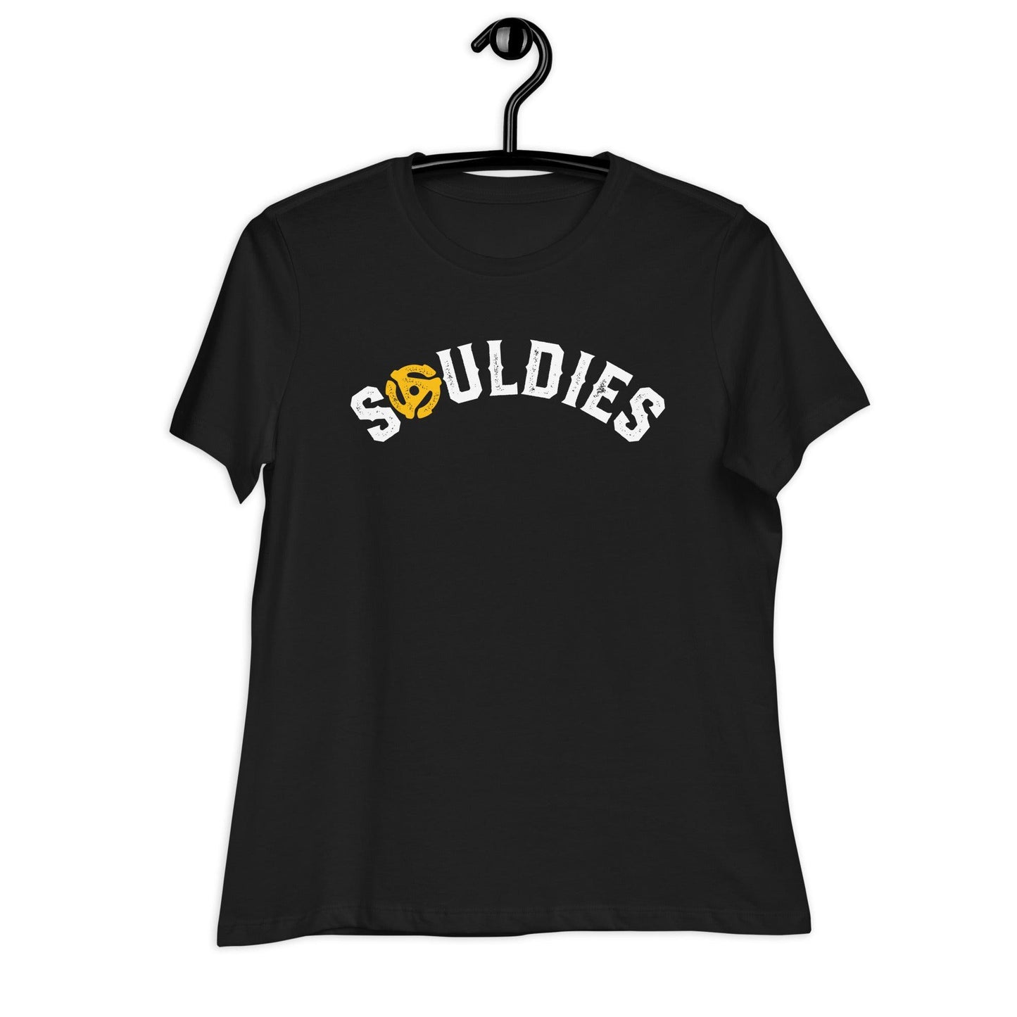 Black t-shirt laid on a hanger with distressed text based design that says, Souldies.