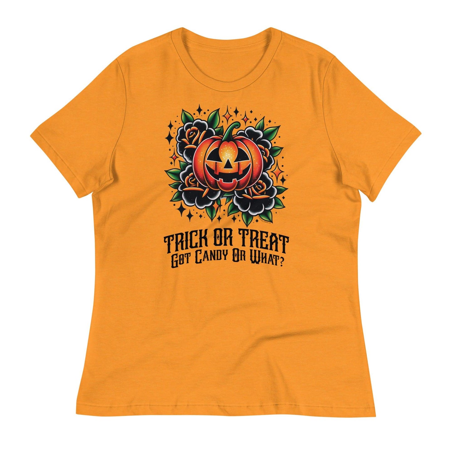 Women's relaxed fit t-shirt in Heather Marmalade featuring a vibrant 'Trick or Treat, Got Candy Or What?' design with a jack-o'-lantern and floral elements.